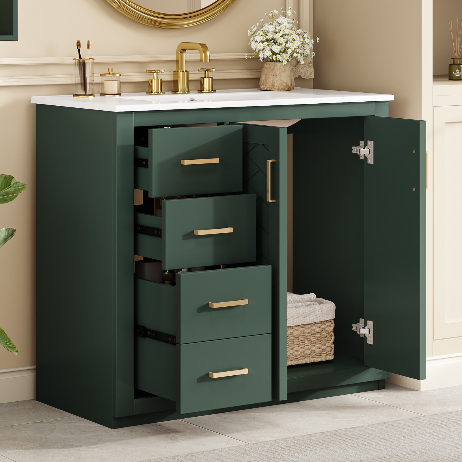 36″ Bathroom Vanity with Ceramic Sink, Solid Wood Frame, 3 Drawers