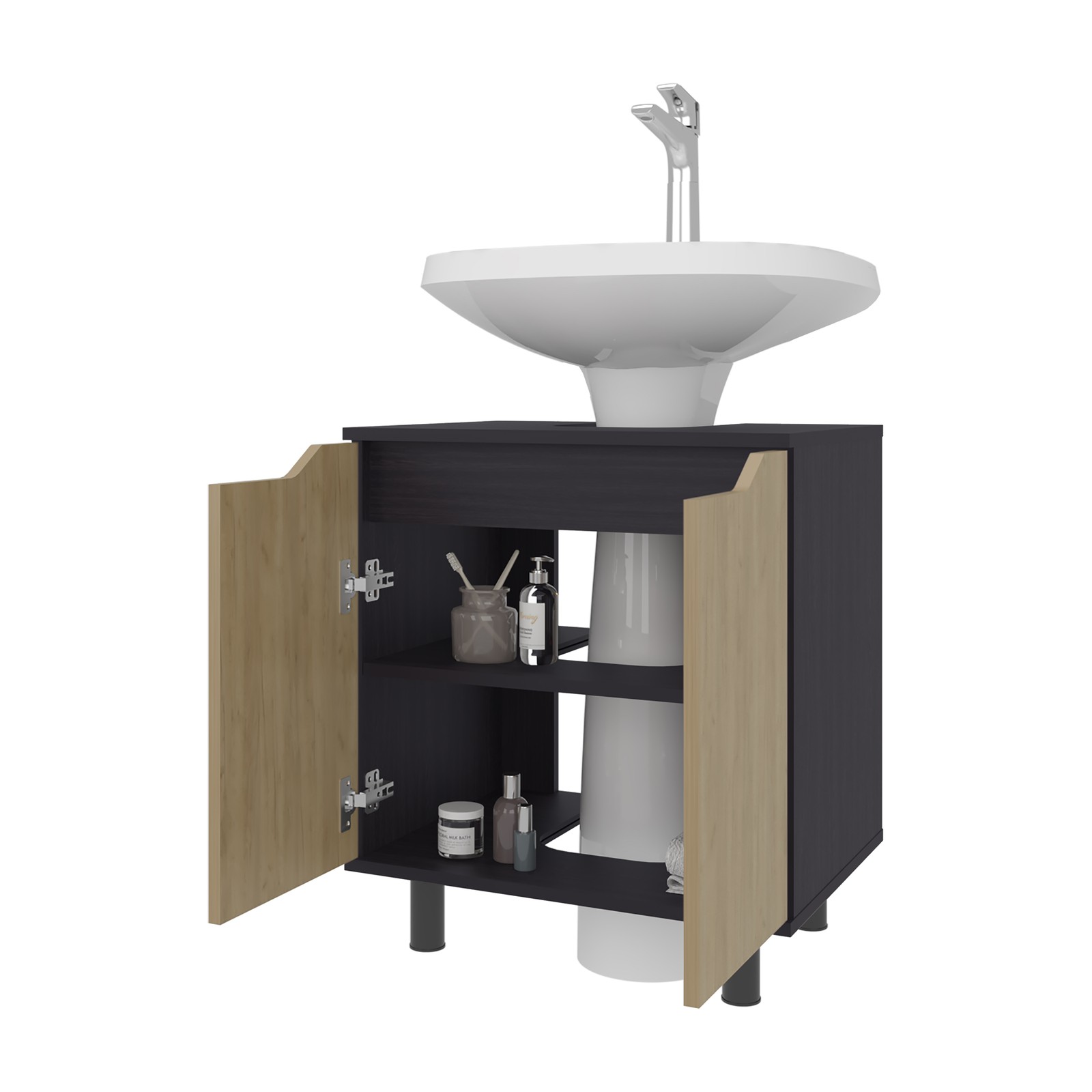 Under Sink Storage Cabinet with 2 Doors and 2 Shelves Natural Oak Black Wengue