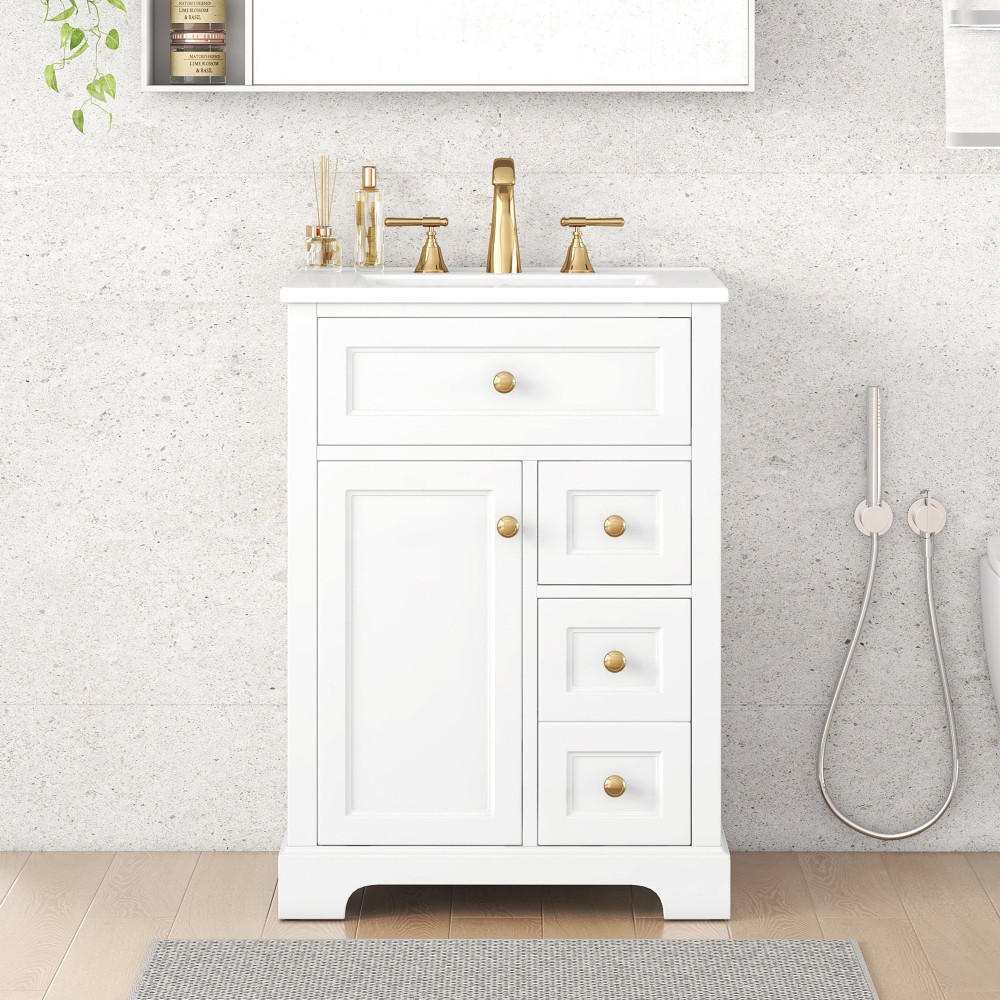 24 in White Bathroom Vanity with Sink MDF & Pinewood Construction 3 Drawers