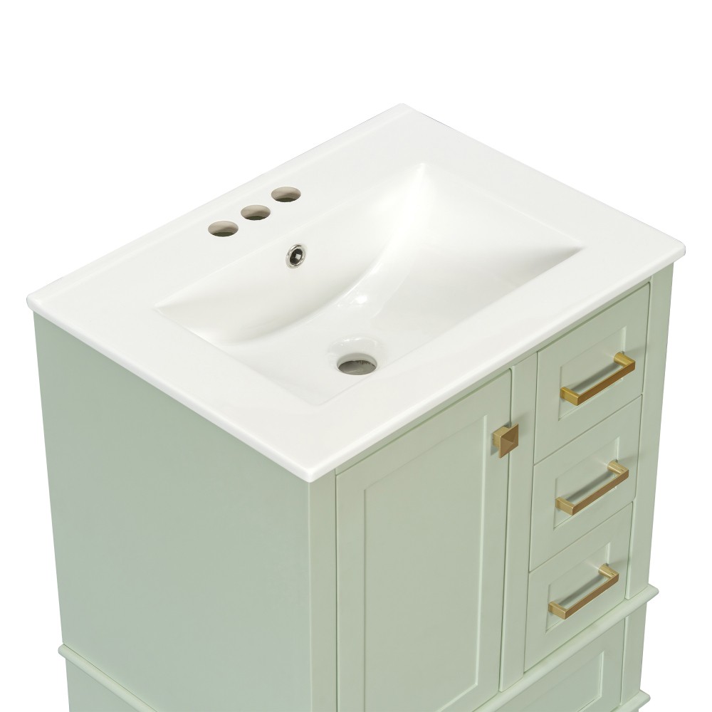 24.8″ Solid Wood MDF Bath Vanity Ceramic Sink Soft Close Door 3 Drawers Storage