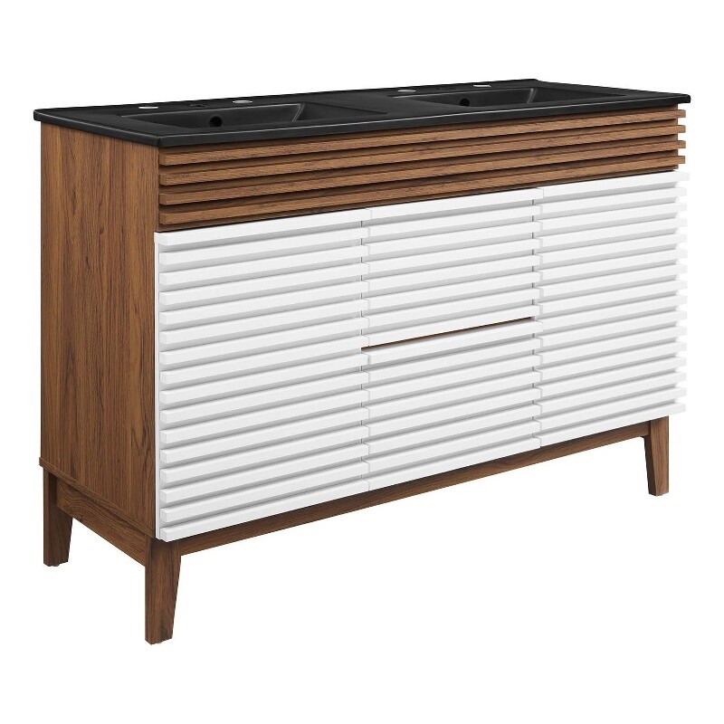 Modway Render 47.5″ MDF Wood Double Sink Bathroom Vanity in White/Walnut/Black