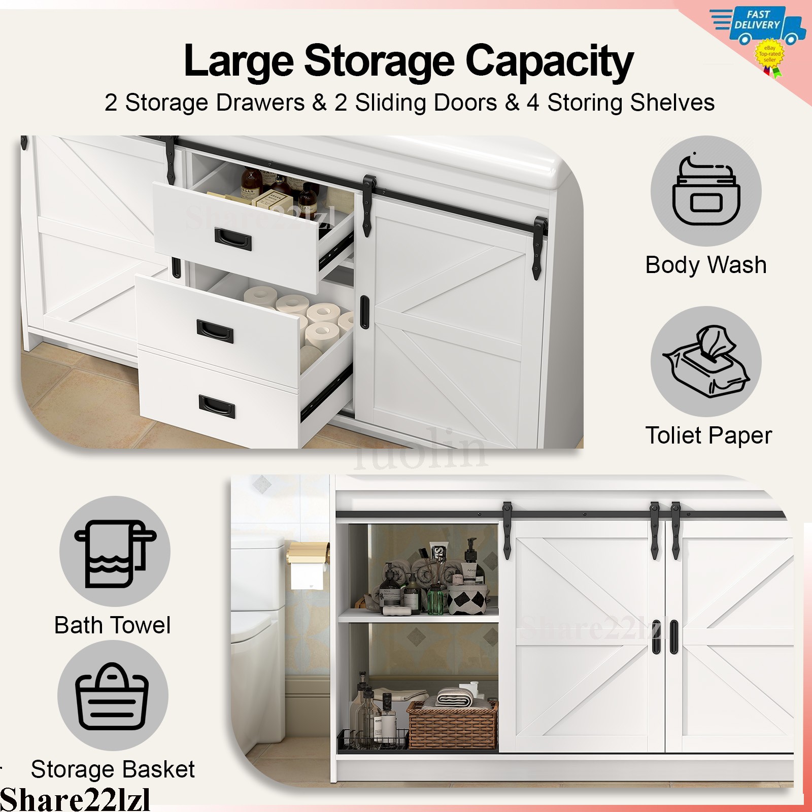 47 inch Double Sink Bathroom Vanity Cabinet Ceramic Vessel Sink w/ Sliding Doors