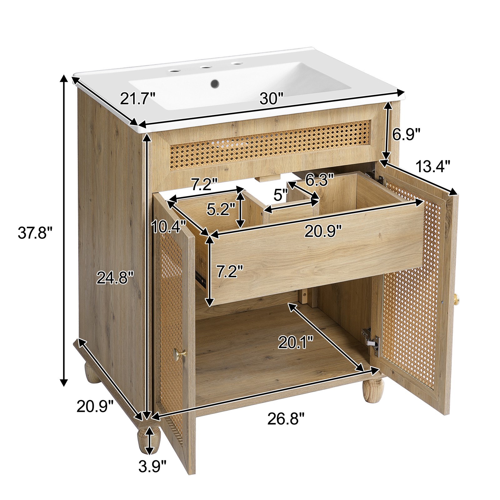 30″ Bathroom Vanity w/Rattan Doors, Solid Wood Legs & Resin Basin Natural Wood