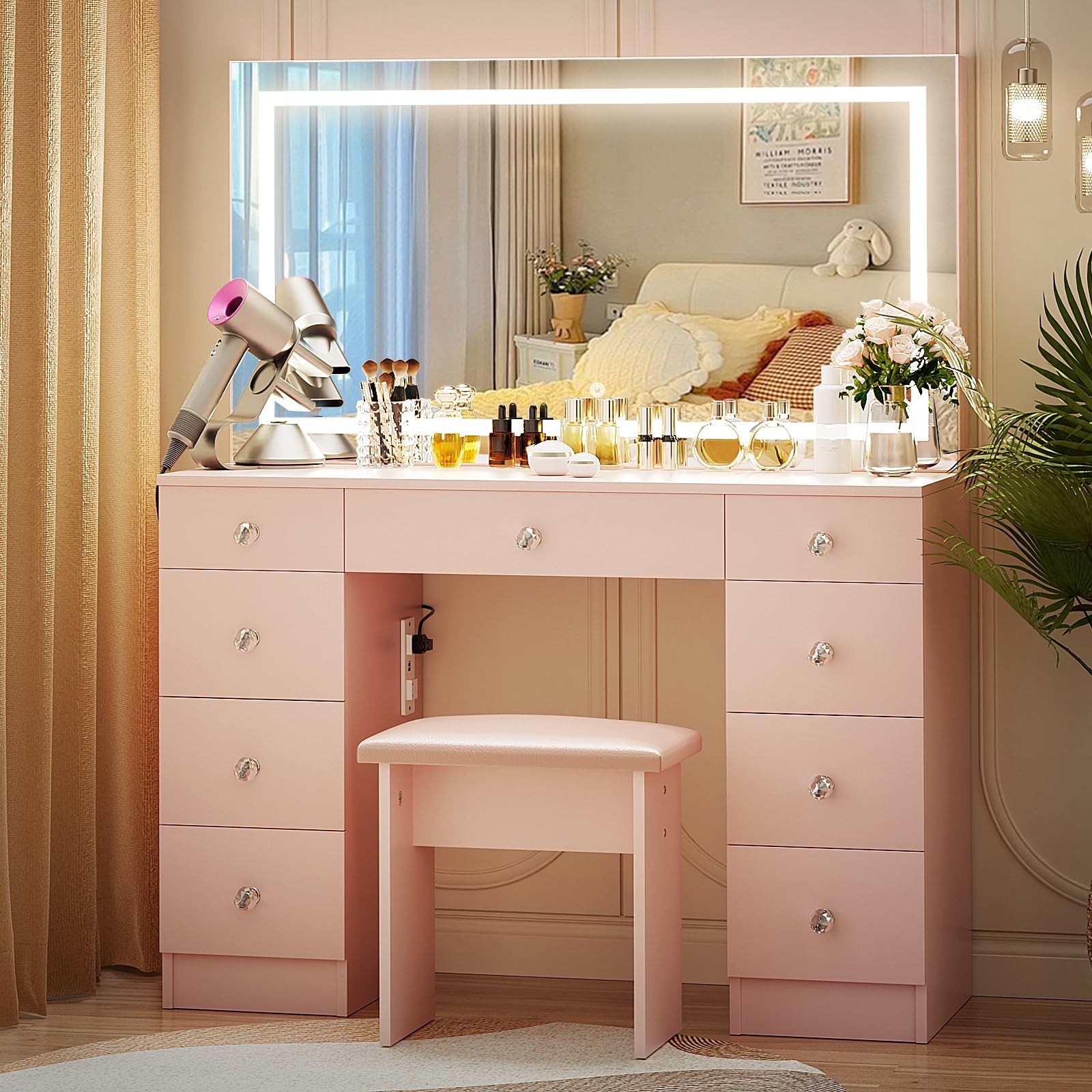 Vanity Lighted Mirror Power Outlet 9 Drawers 3 Color Lighting 43 Pink