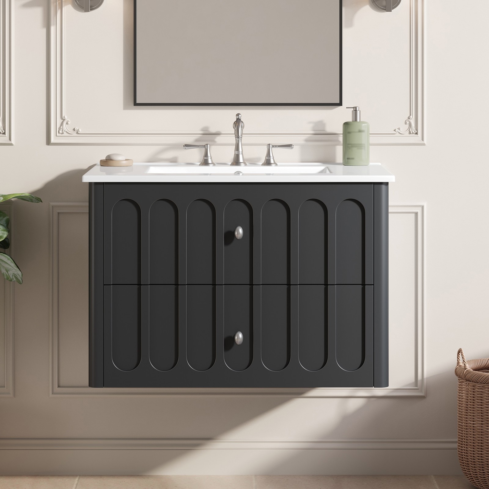 30″ Modern Bathroom Cabinet Floating Bathroom Vanity w/Oval Knobs & Round Edge