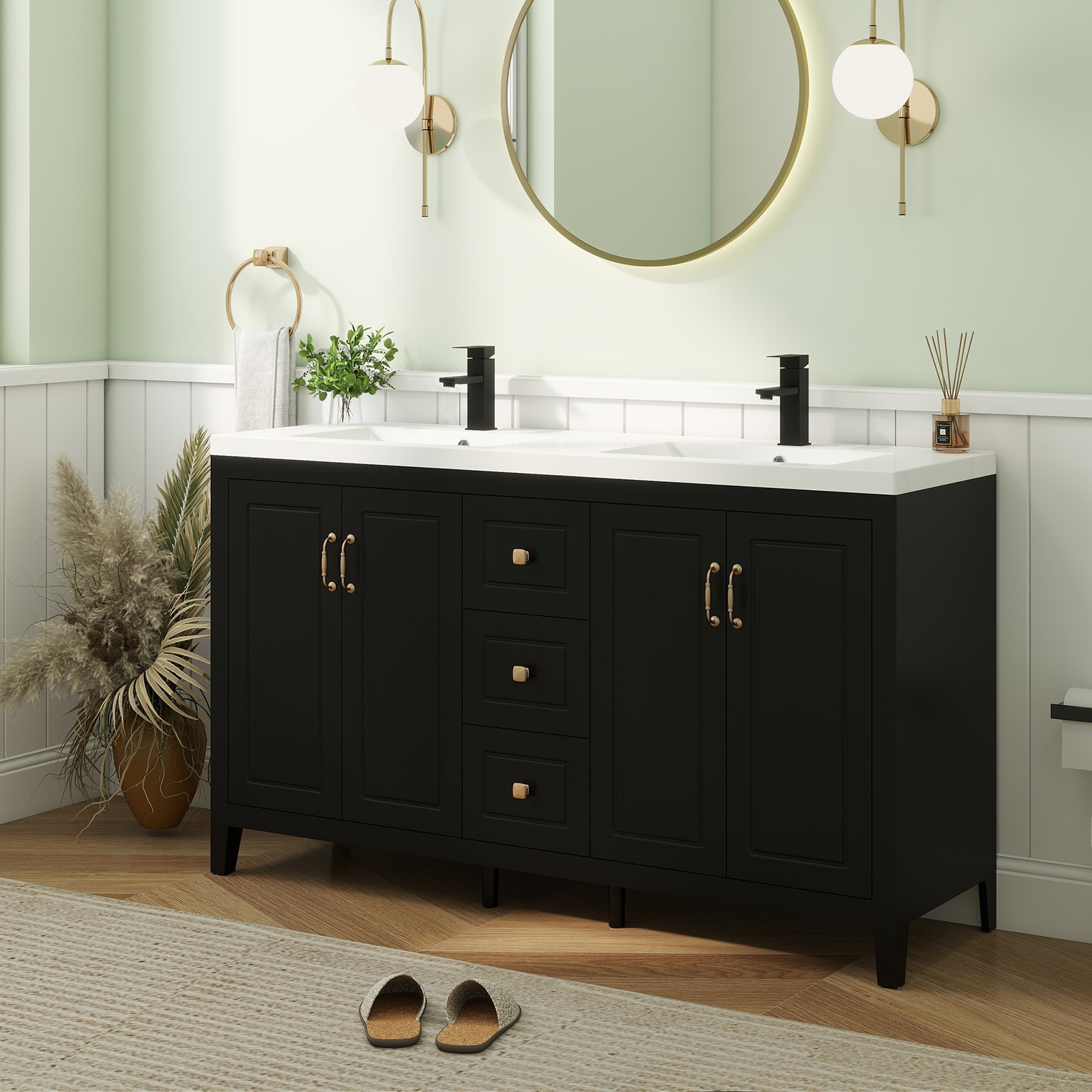 60″ Freestanding Bathroom Vanity Soft-Close 4 Doors 3 Drawers with Faucet Black