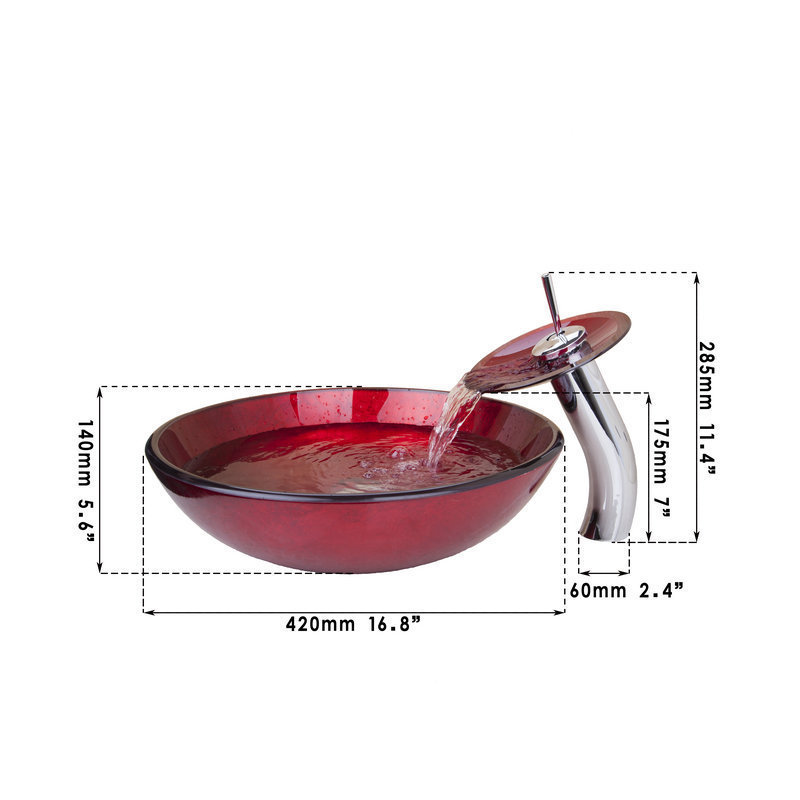Bathroom Red Round Tempered Glass Basin Set Vessel Vanity Sink Bowl With Faucet