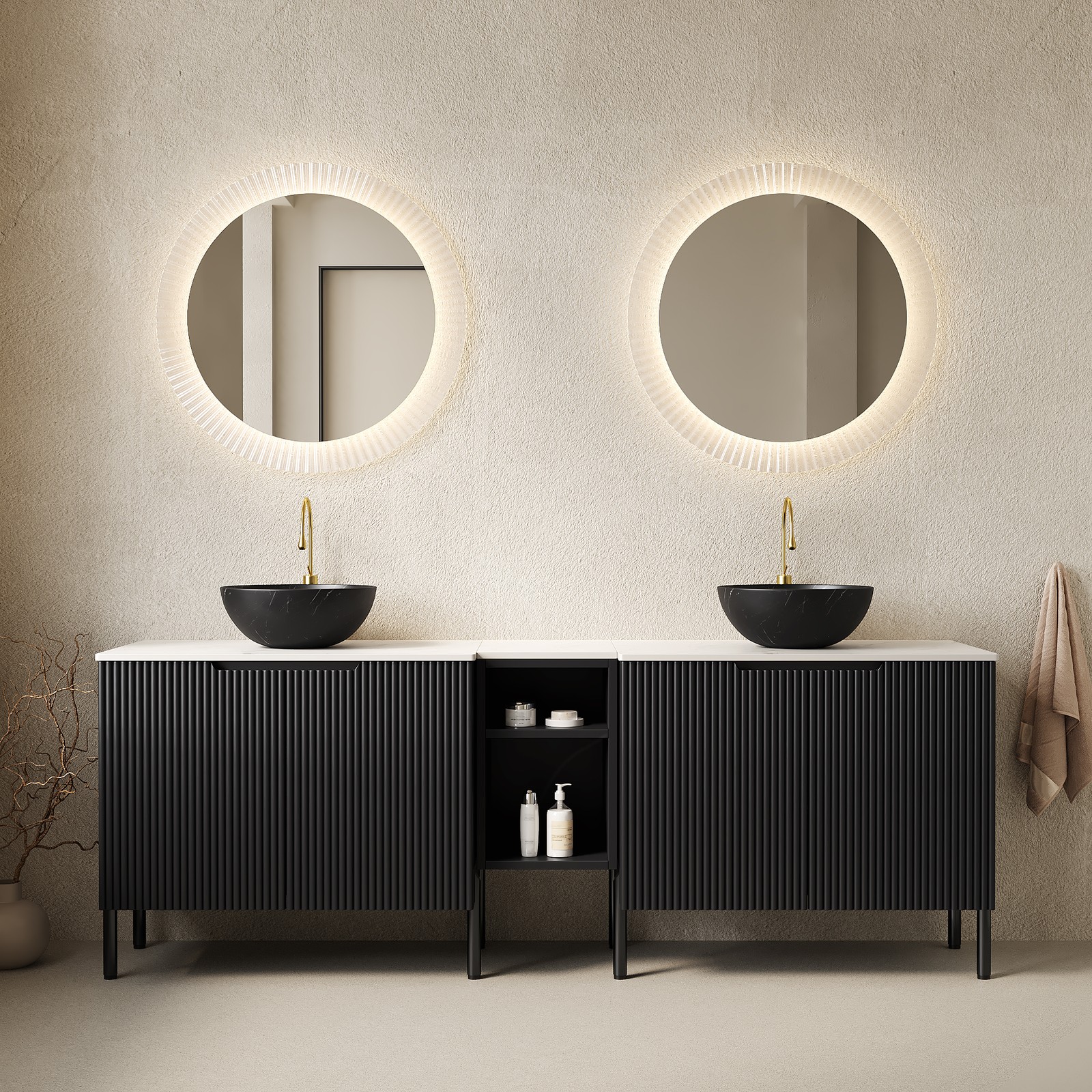 72″ Freestanding Double Bathroom Vanity with Sinks Black Carrara White