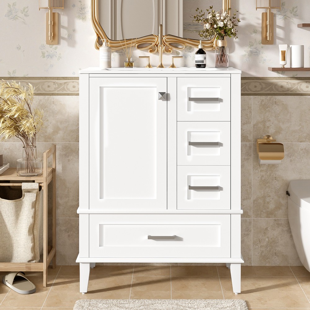 24.8″ Bathroom Vanity w/Basin Sink,Freestanding Vanity Storage Cabinet,3 Drawers