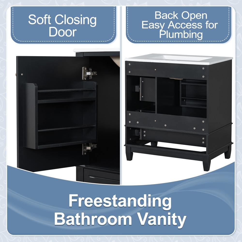 30″ Vanity w/Sink,Rubber Wood & MDF Cabinet,Soft Close Door,3 Drawers,Vietnam