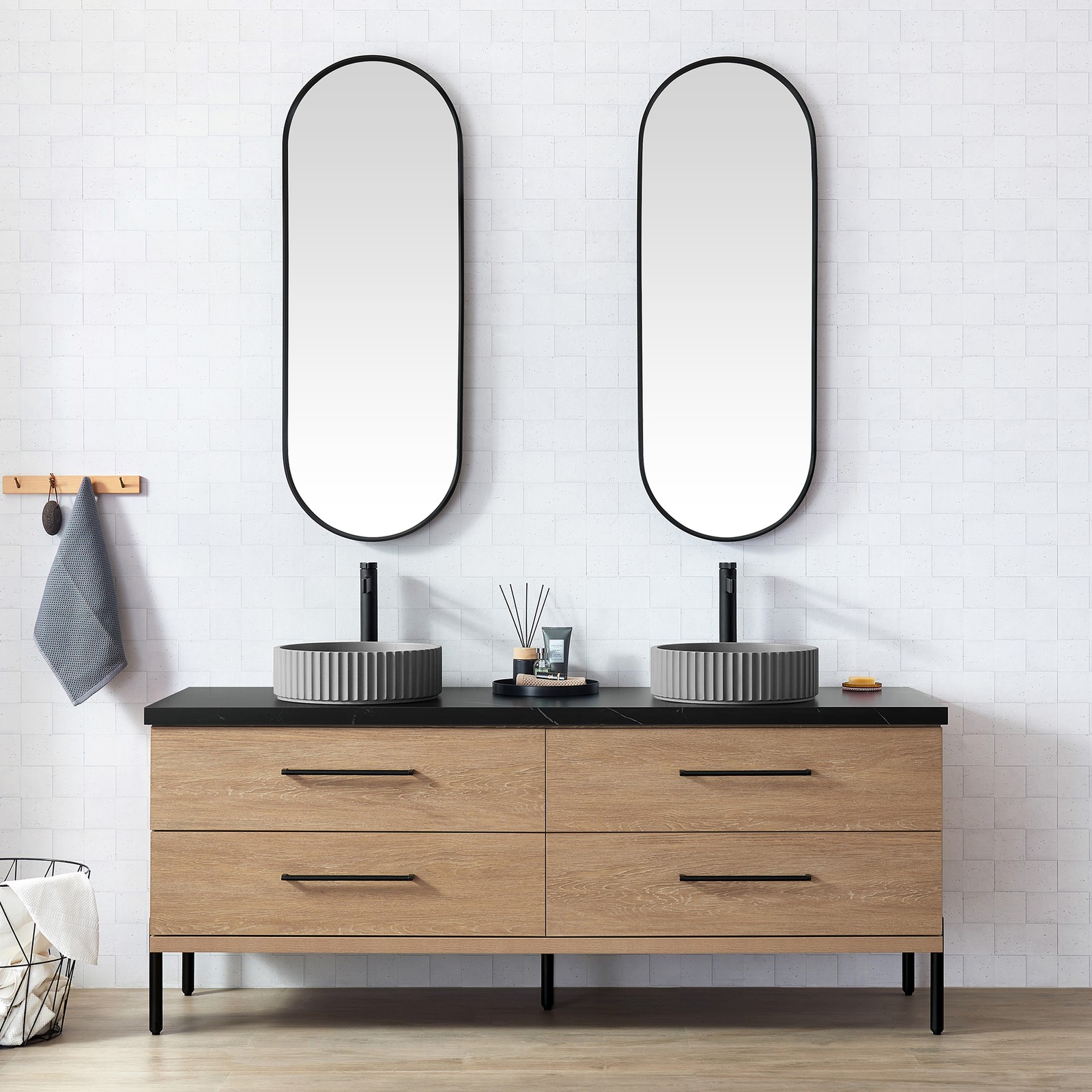 Trento 72″ Double Bath Vanity with Black Sintered Stone Top with Concrete Sink