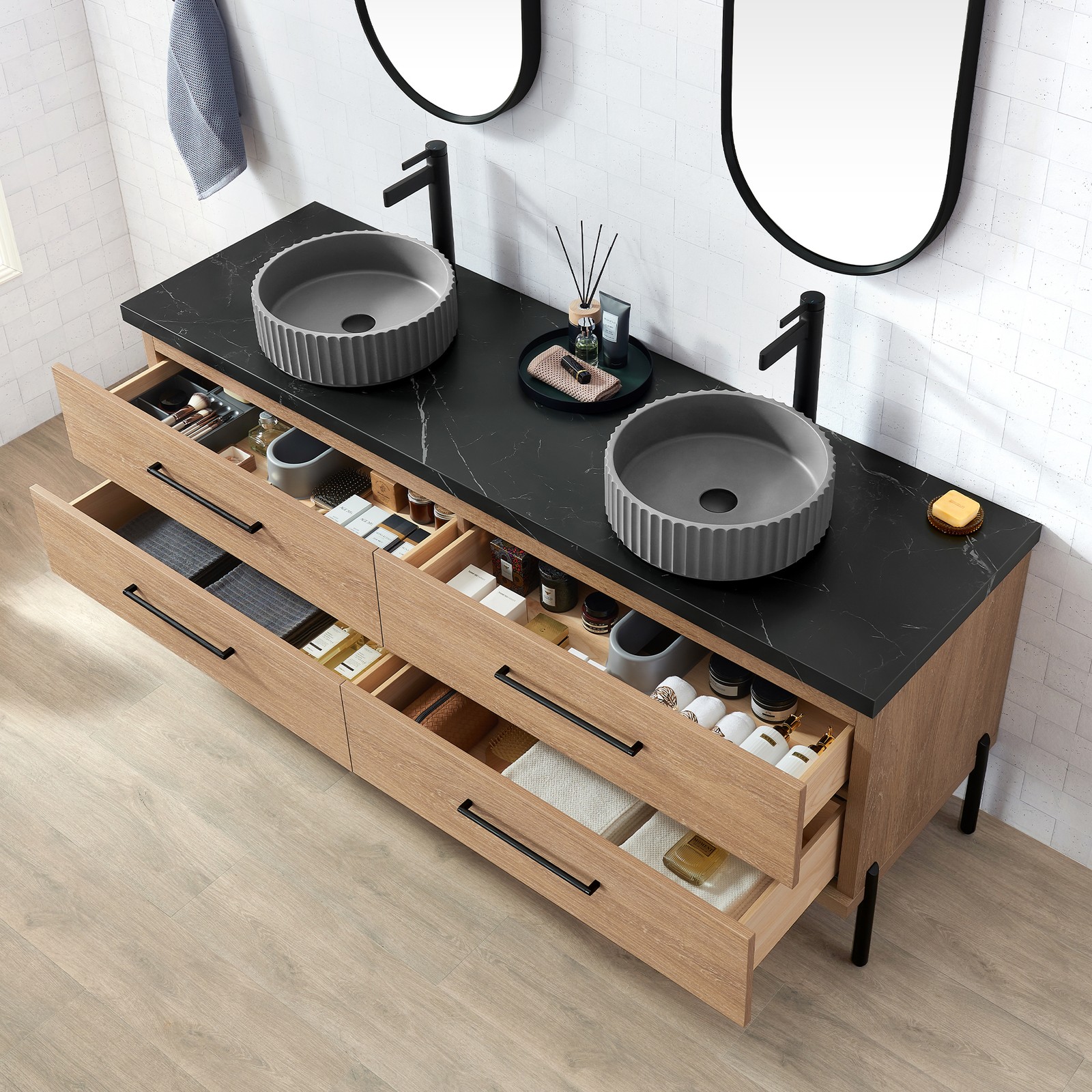 Trento 72″ Double Bath Vanity with Black Sintered Stone Top with Concrete Sink