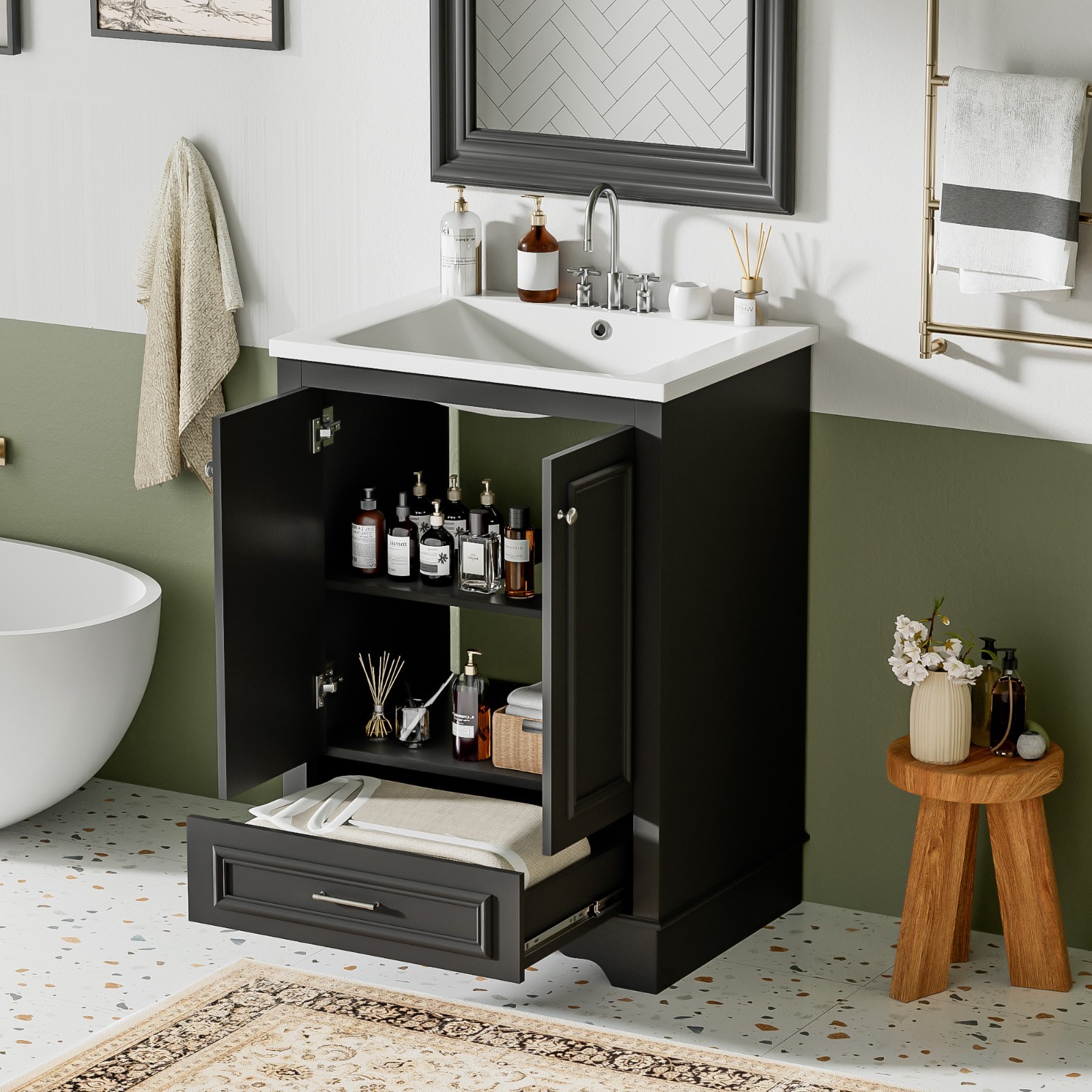 24″ Bathroom Vanity With Ceramic Sink Storage Cabinet Drawer Soft-Closing Doors