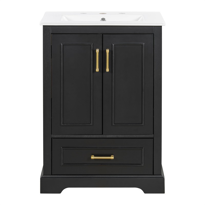 24in Black Bathroom Vanity with Ceramic Sink,Divider Drawer & 2 Soft-close Doors
