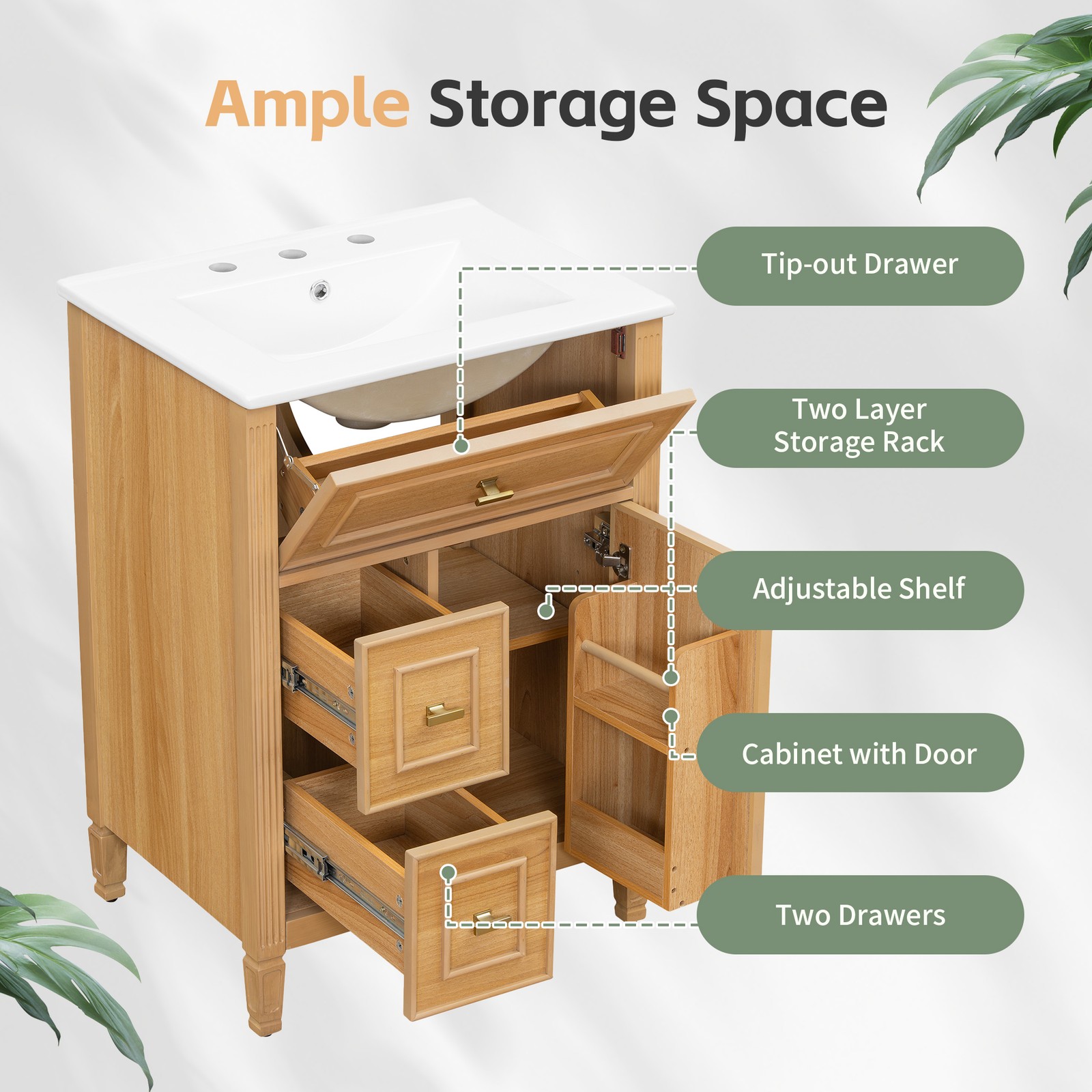 24″ Bathroom Vanity with Sink, Wood Storage Cabinet w/Drawers & Adjustable Shelf