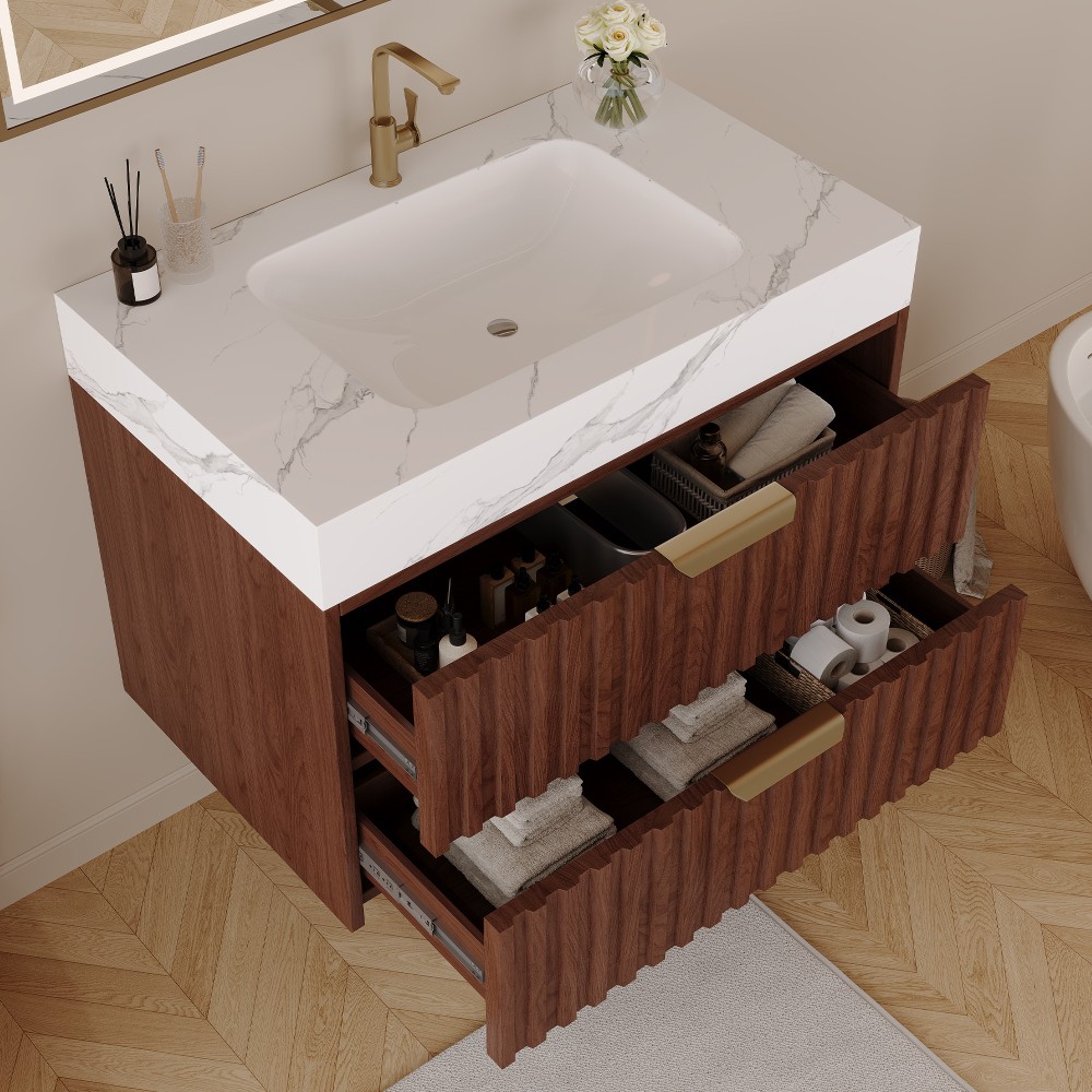 30″ Walnut Wall Mount Floating Bathroom Vanity Sintered Stone Top Ceramic Sink