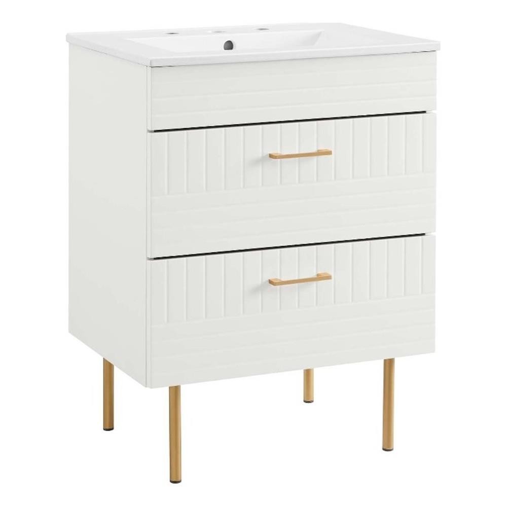 Pemberly Row 24″ Modern Wood/Ceramic Bathroom Vanity with Gold Legs in White
