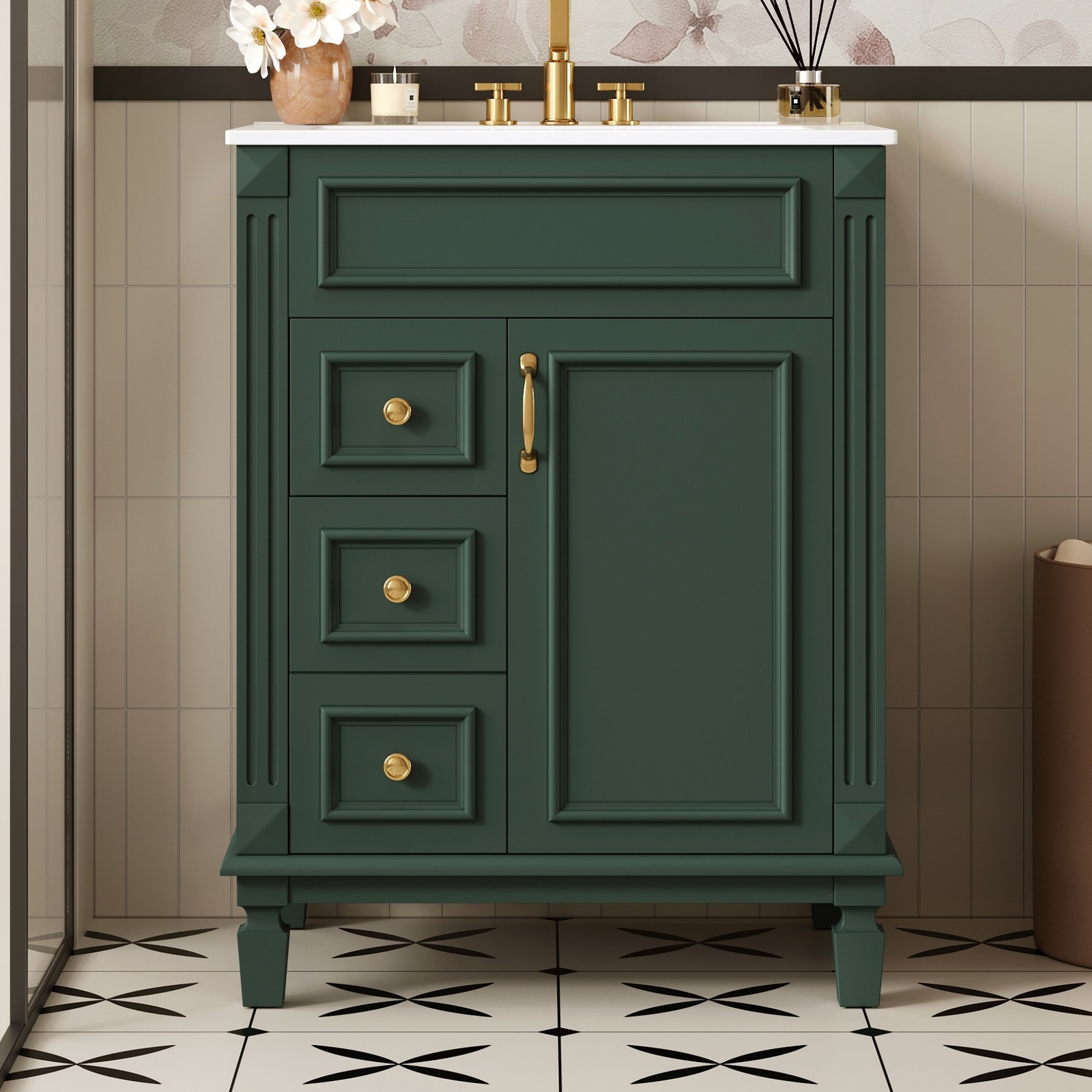 24″ Bathroom Vanity with Ceramic Sink, 2 Drawers, Adjustable Shelf