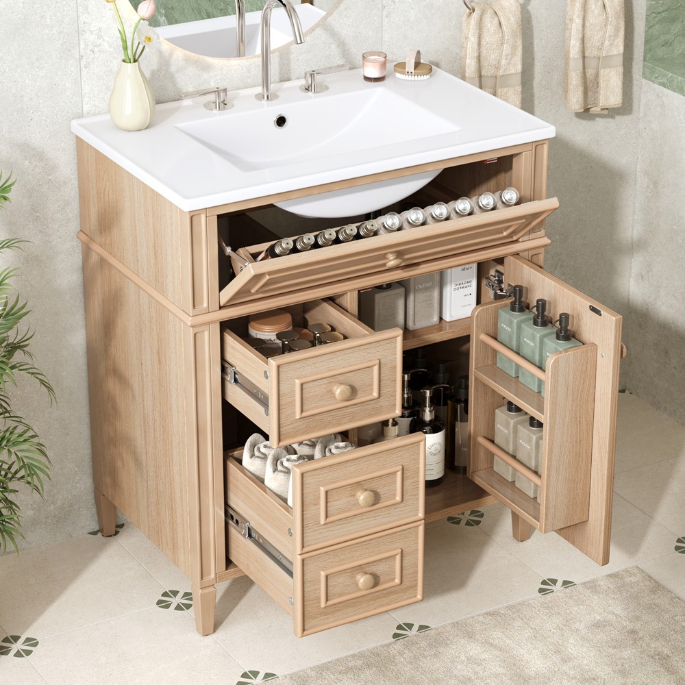 30″ Bathroom Vanity w/Ceramic Sink, Freestanding Bath Vanity Cabinet, 3 Drawers