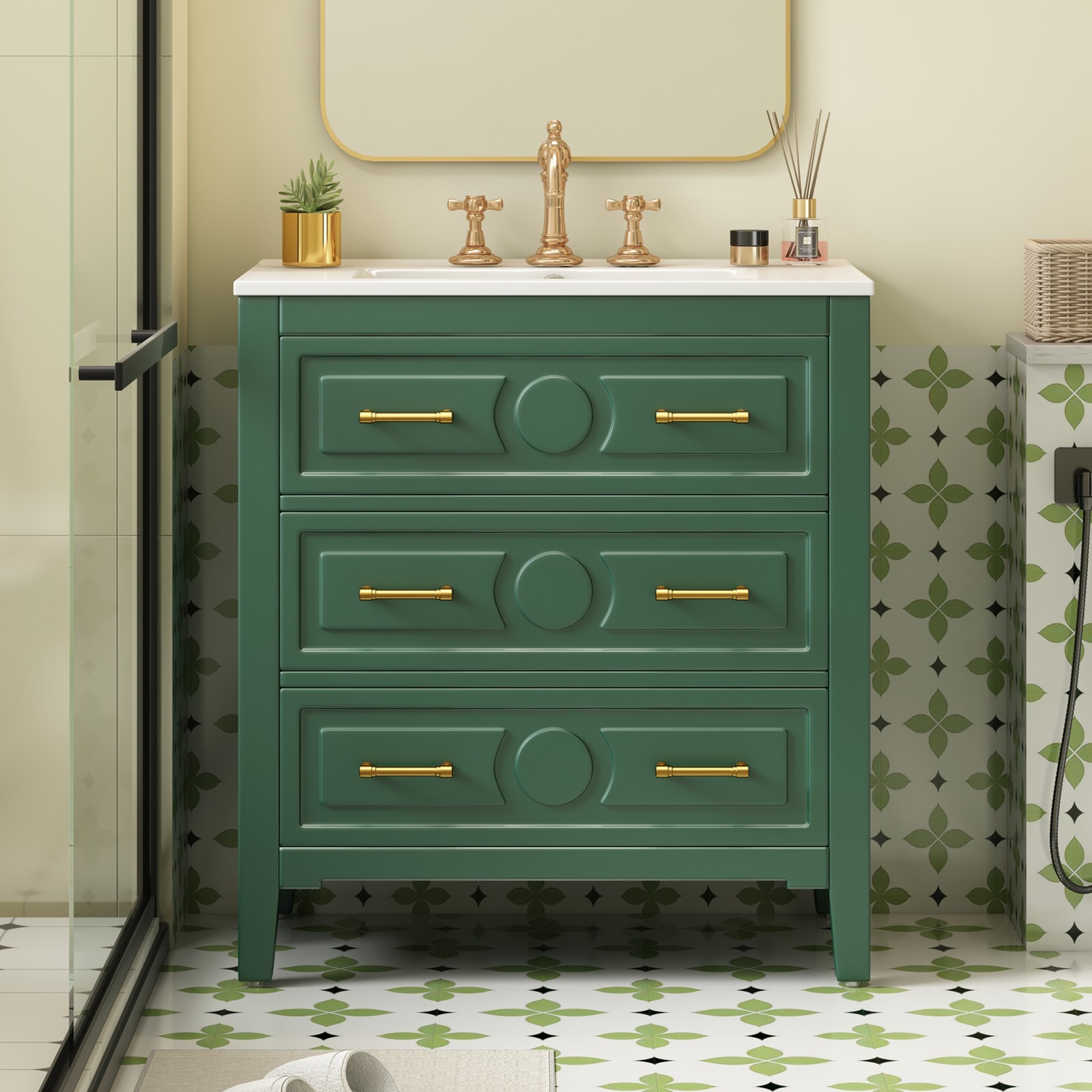 30″ Green Bathroom Vanity with Ceramic Sink, 3 Drawers, Solid Wood