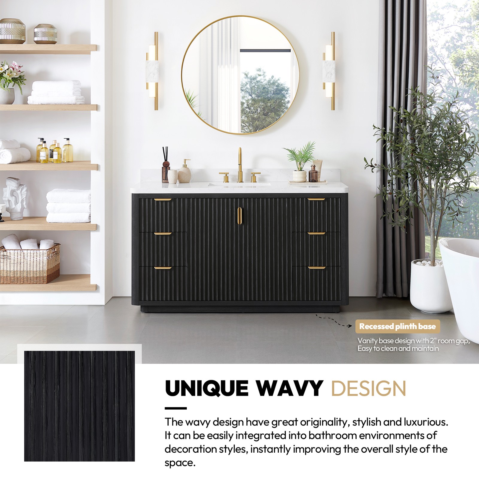 Cadiz 60″ Single Bathroom Vanity in Fir Wood Black with Composite Stone Top