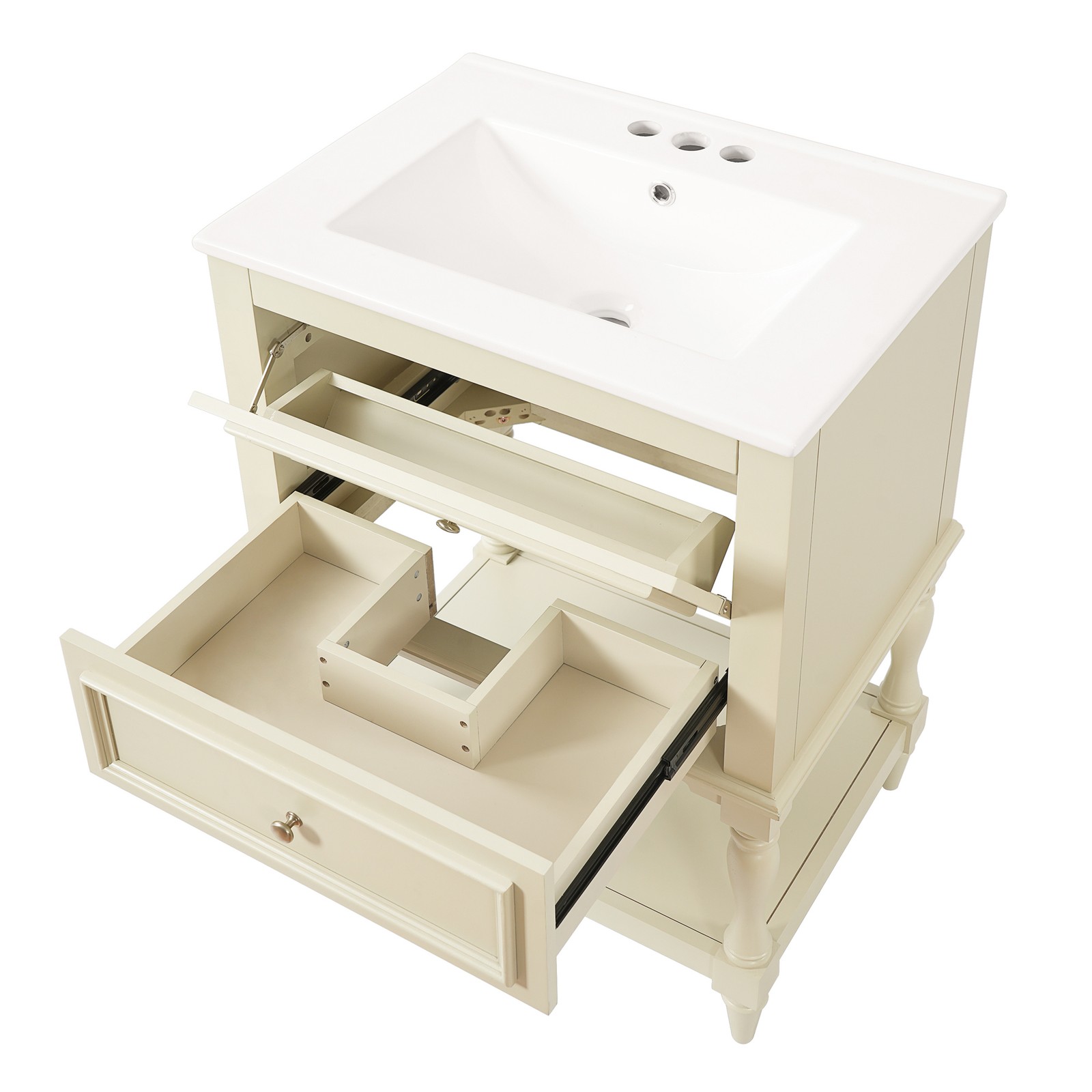 FUNIDEE 24″ Bathroom Vanity with Ceramic Sink Storage Cabinet w/ 2 Drawers Beige