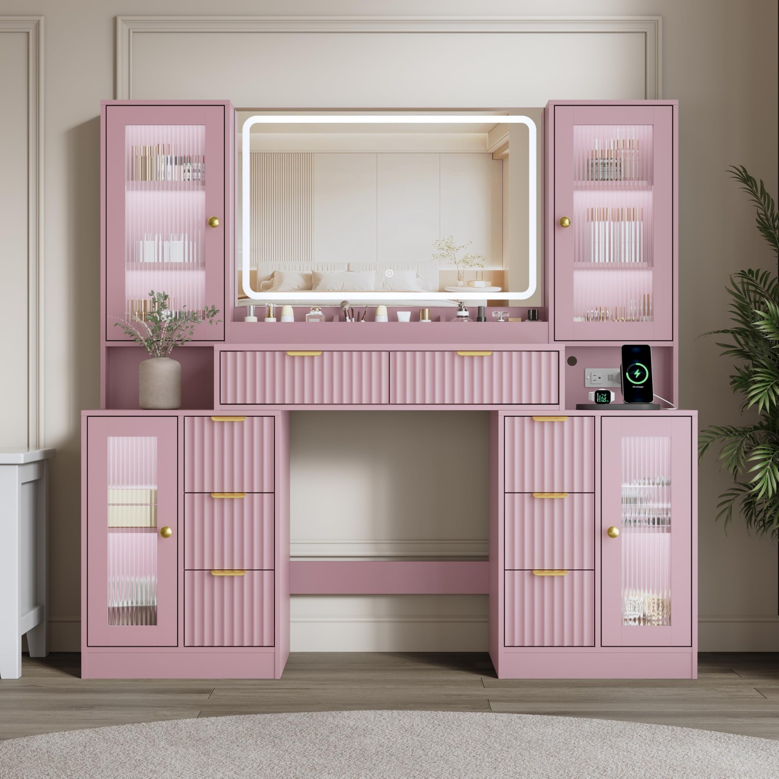 55in Fluted Vanity Desk w/ Mirror Lights 8 Drawers RGB Dimmable Charging Station