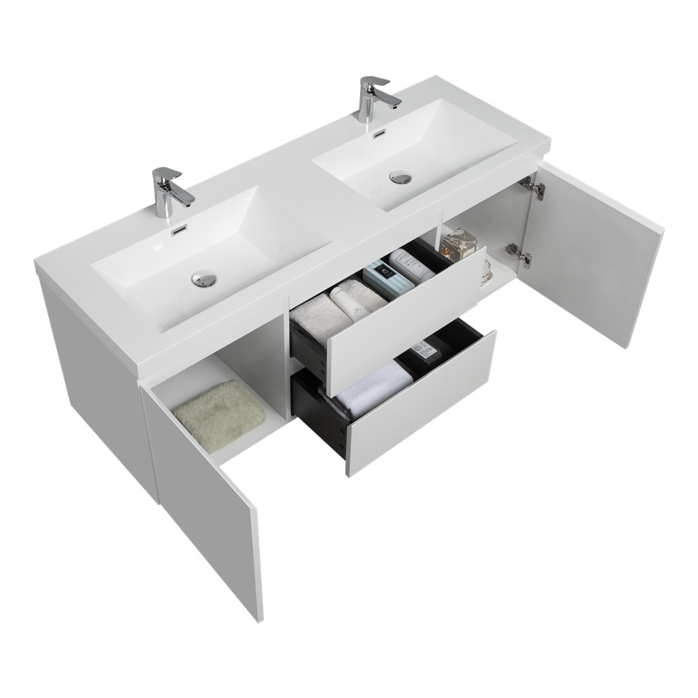 60″ Wall Mounted Bathroom Vanity w/Double Sink, Floating Vanity Cabinet,2 Drawer