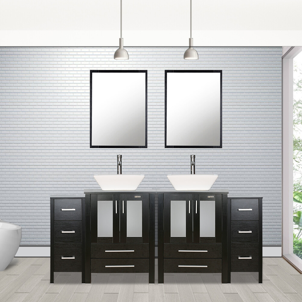 72″ Bathroom Vanity Set Black Ceramic Sink Mirror Faucet Small Side table Combo