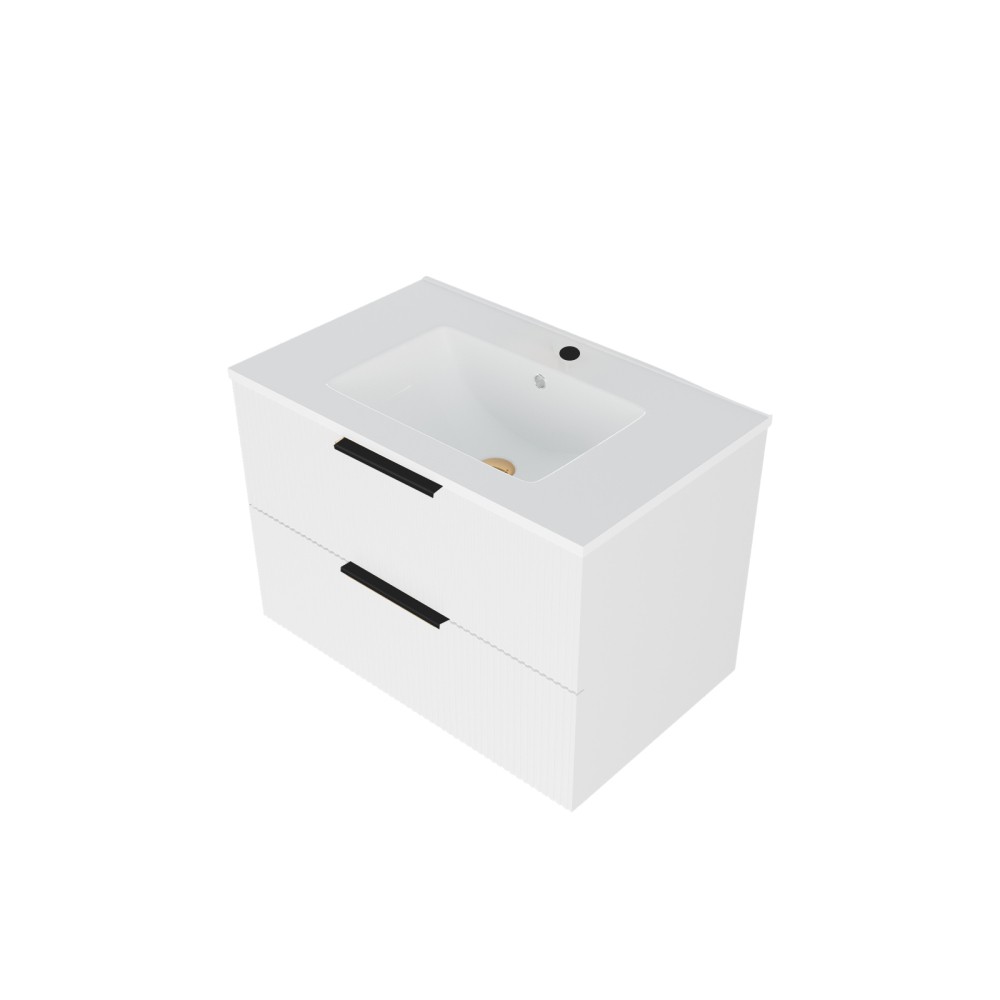 30″ Bathroom Vanity with Ceramic Sink, White Wall Mounted Fluted Cabinet