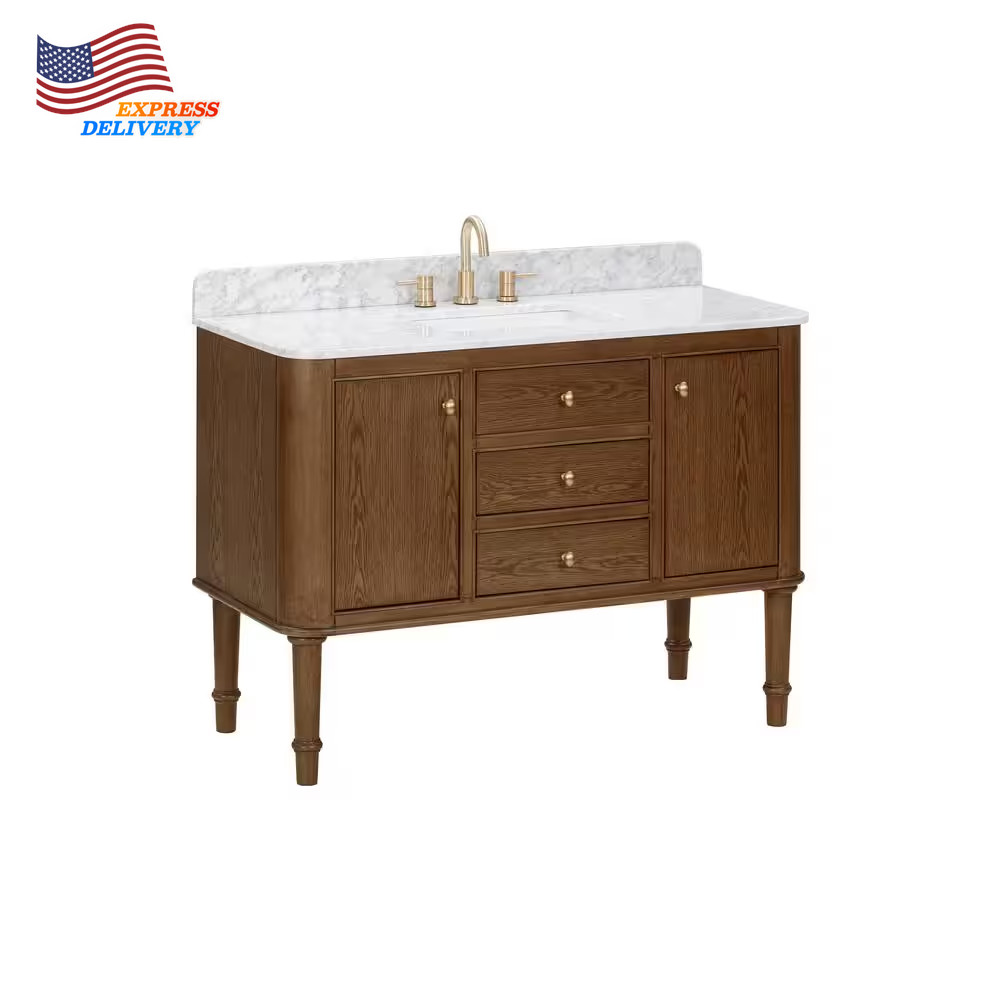 48 In. Single Sink Cinnamon Oak Bath Vanity White Carrara Marble Top (Assembled)