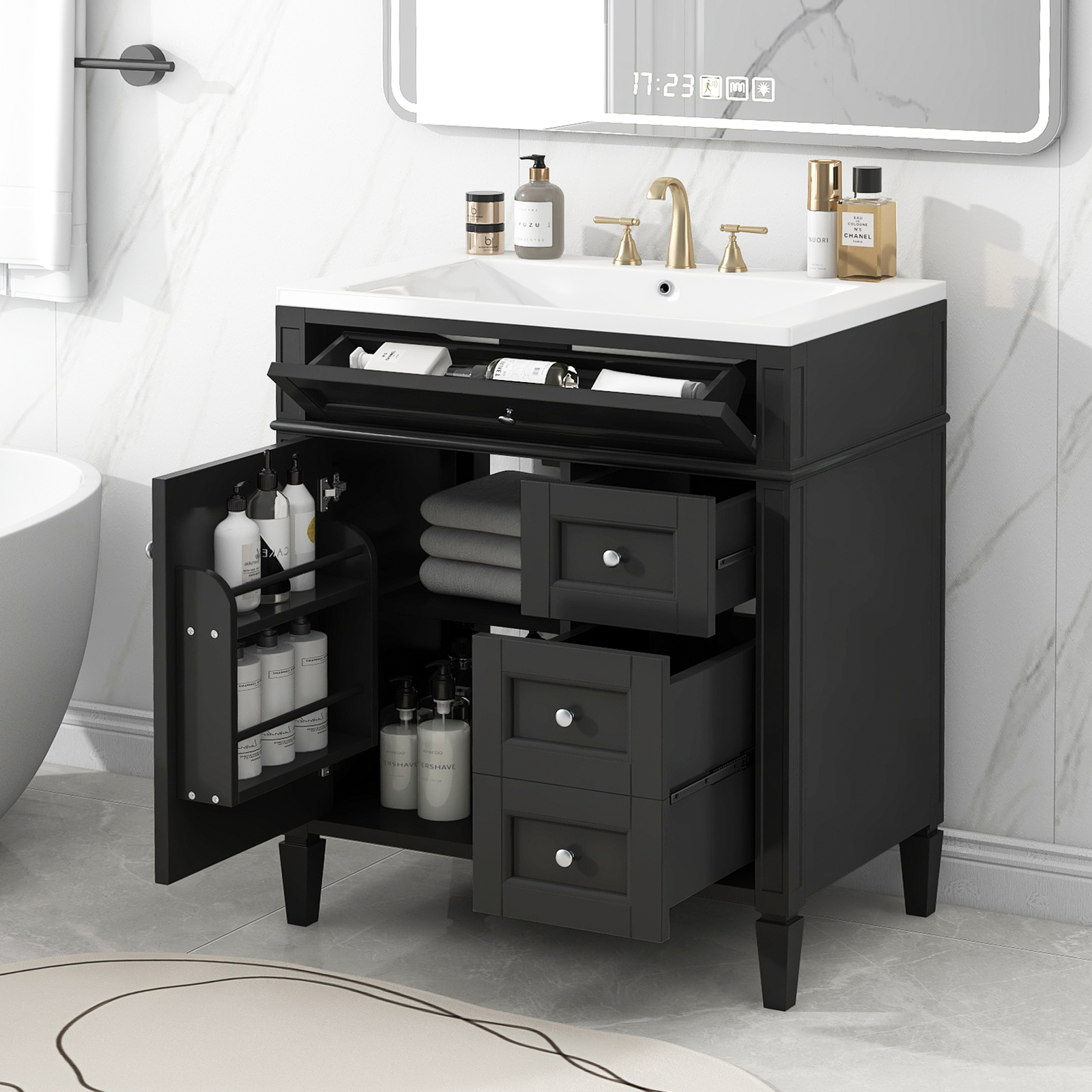 30″ Bathroom Vanity w/Sink, 3 Drawers, Freestanding Bath Vanity Storage Cabinet