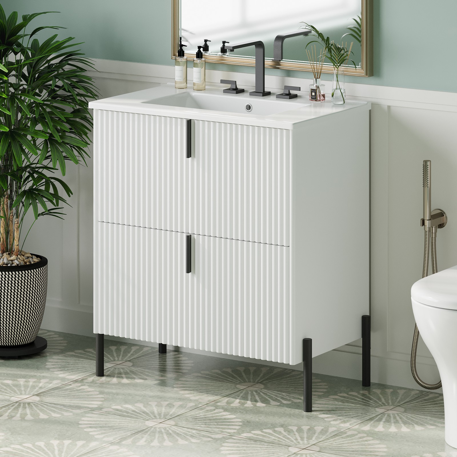 30″ White Bathroom Vanity with Ceramic Sink & Soft Close Drawers