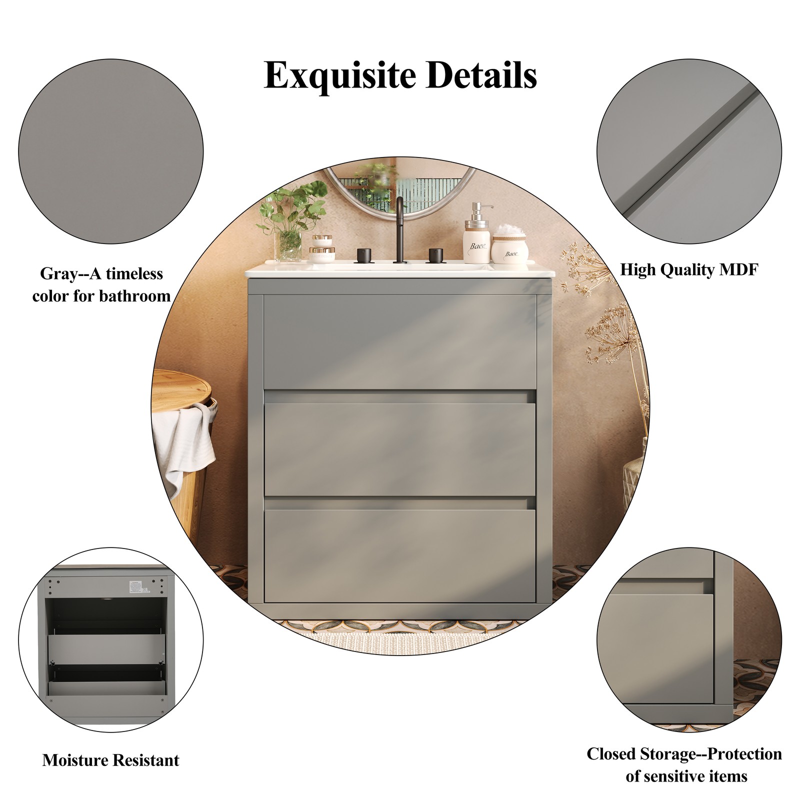 30″ Bathroom Vanity with Ceramic Sink & 2 Drawers, Gray