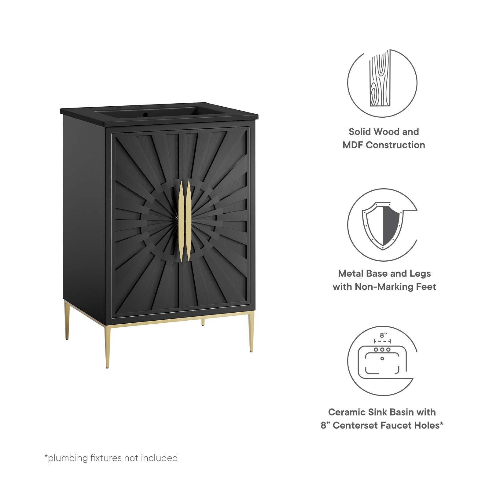 Modway Awaken 24″ Bathroom Vanity Cabinet in Black Black With Ceramic Sink Basin