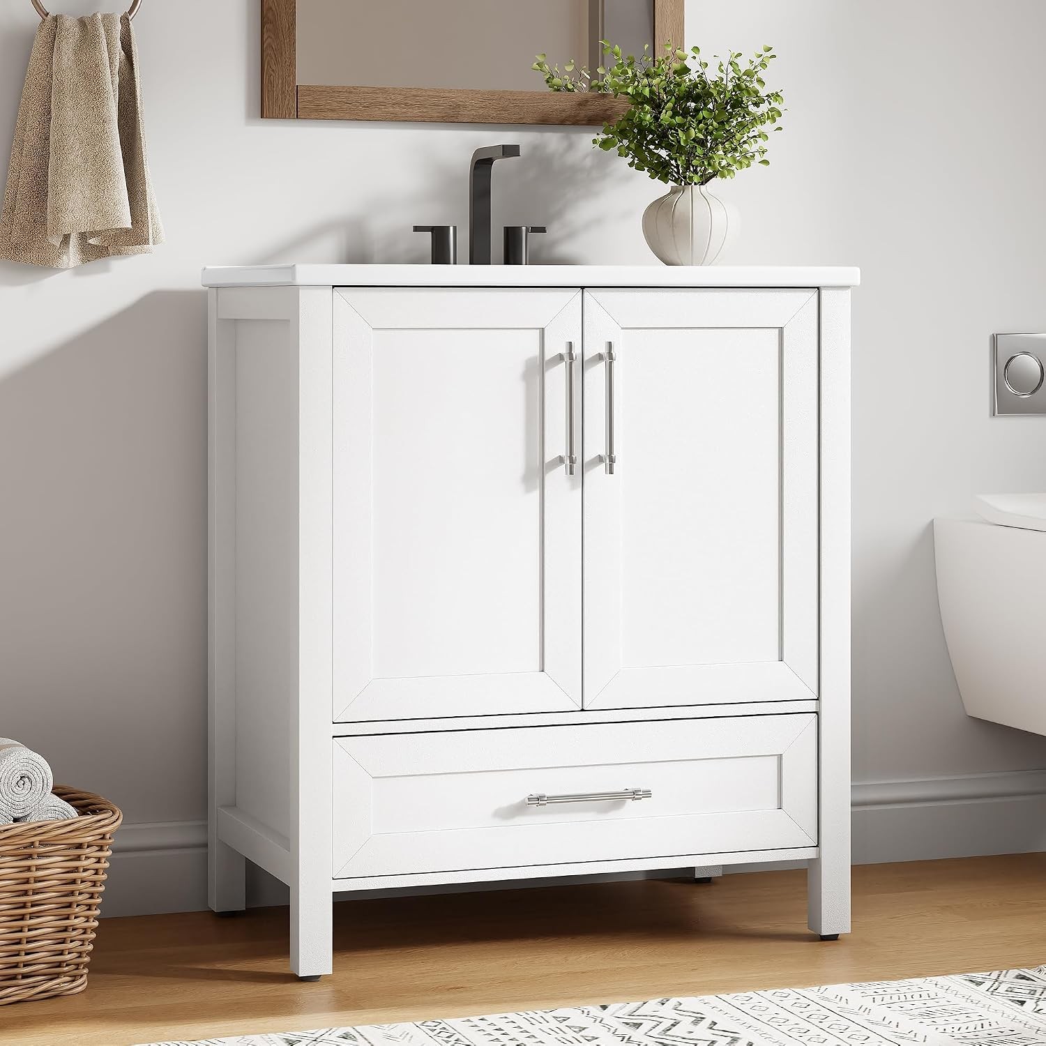 30” Freestanding Bathroom Vanity Modern Bath Storage Cabinet White with Drawer