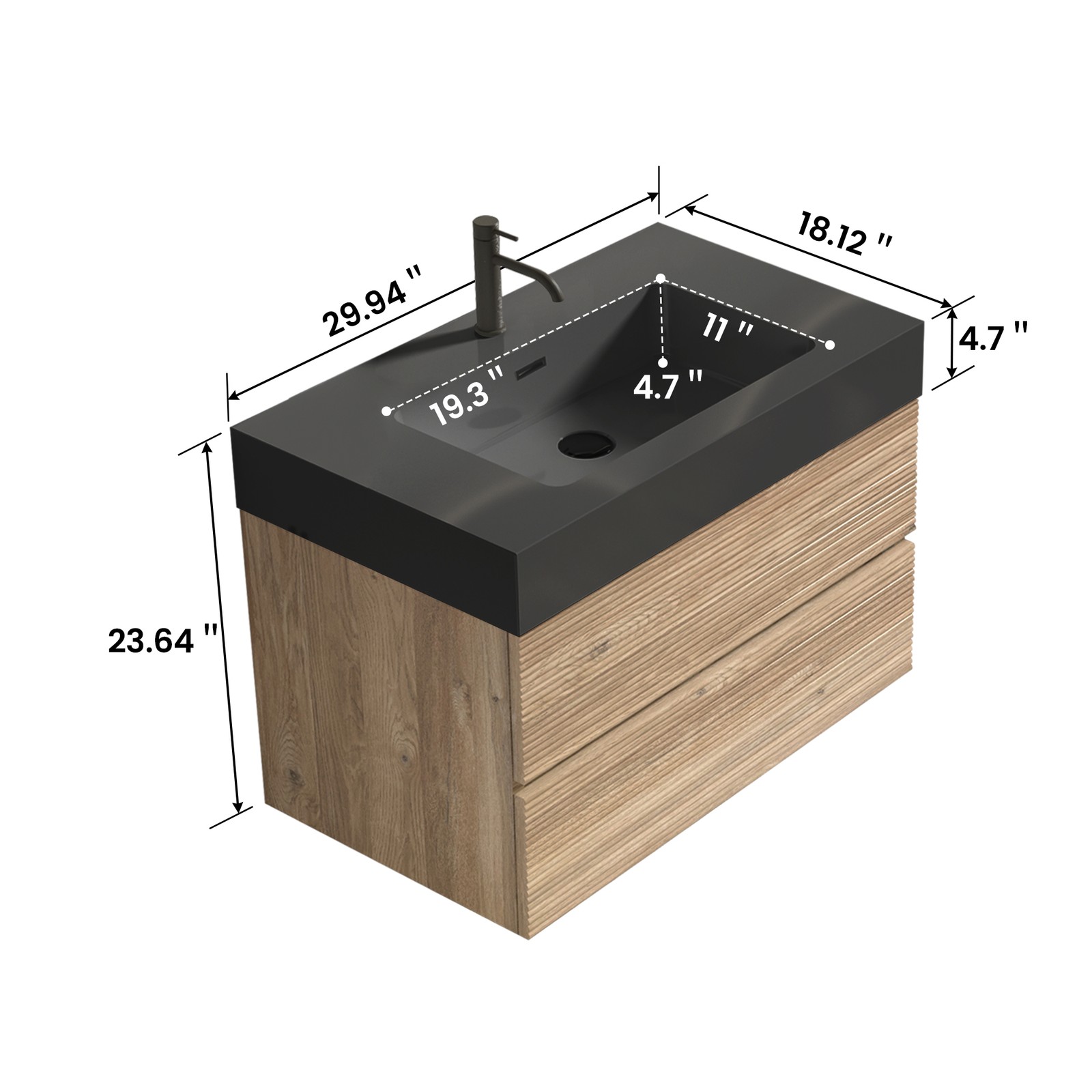 30″ Rough Oak Wall Mounted Bathroom Vanity with Black Sink & Drawers