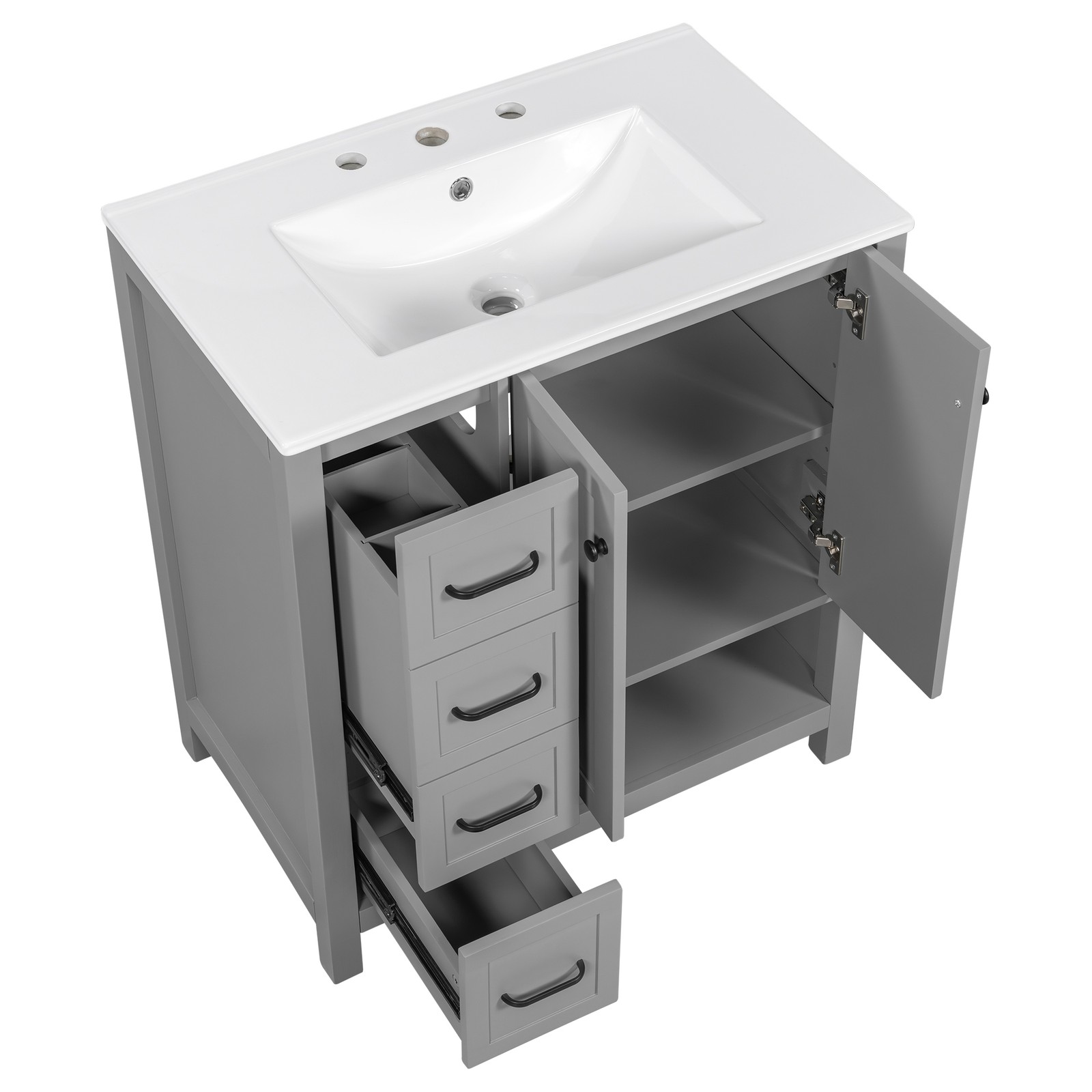 30″ Bathroom Vanity with Sink, 2 Doors & 2 Drawers, Solid Wood, Gray