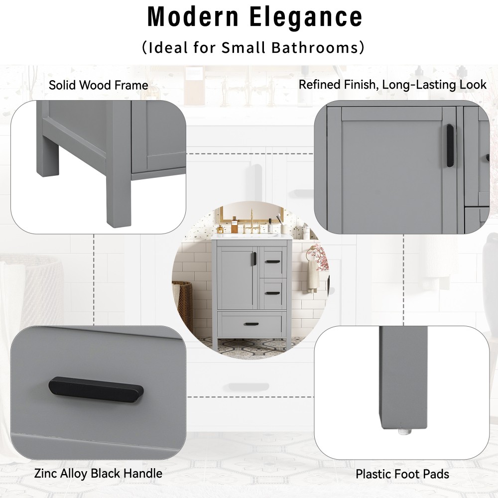 Bathroom vanity with sink Features double-door cabinet Includes three drawers