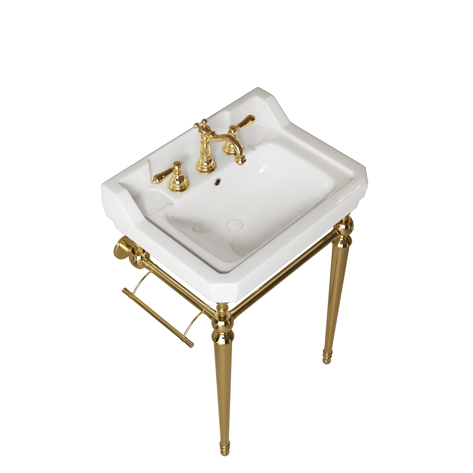 23″ Bathroom Console Sink Wall Mounted White Ceramic Vanity Basin Gold