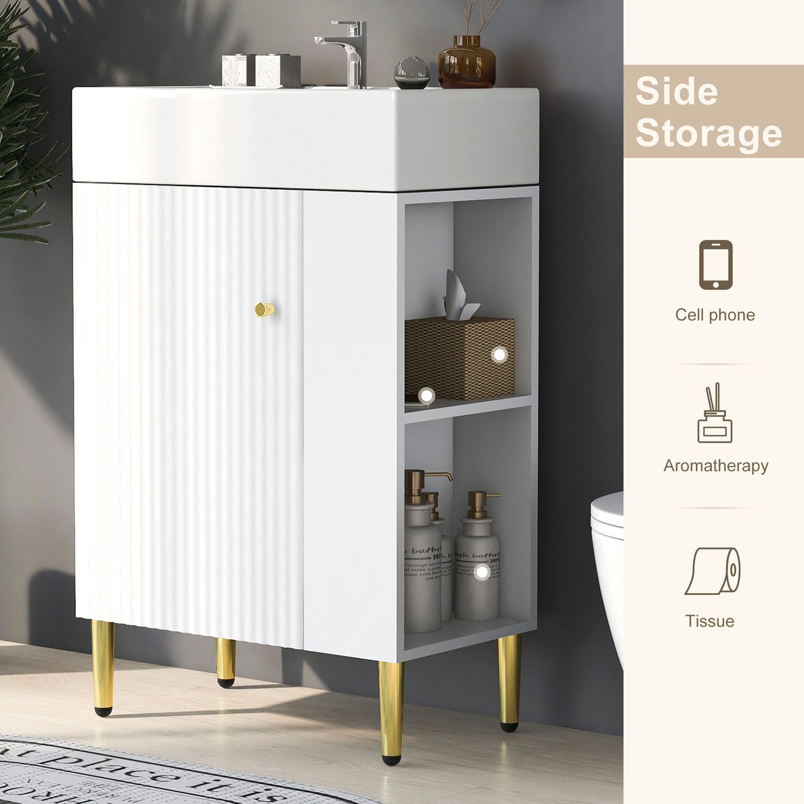 21.6″ Small Bathroom Vanity with Ceramic Sink Top with 1 Door and Side Shelves