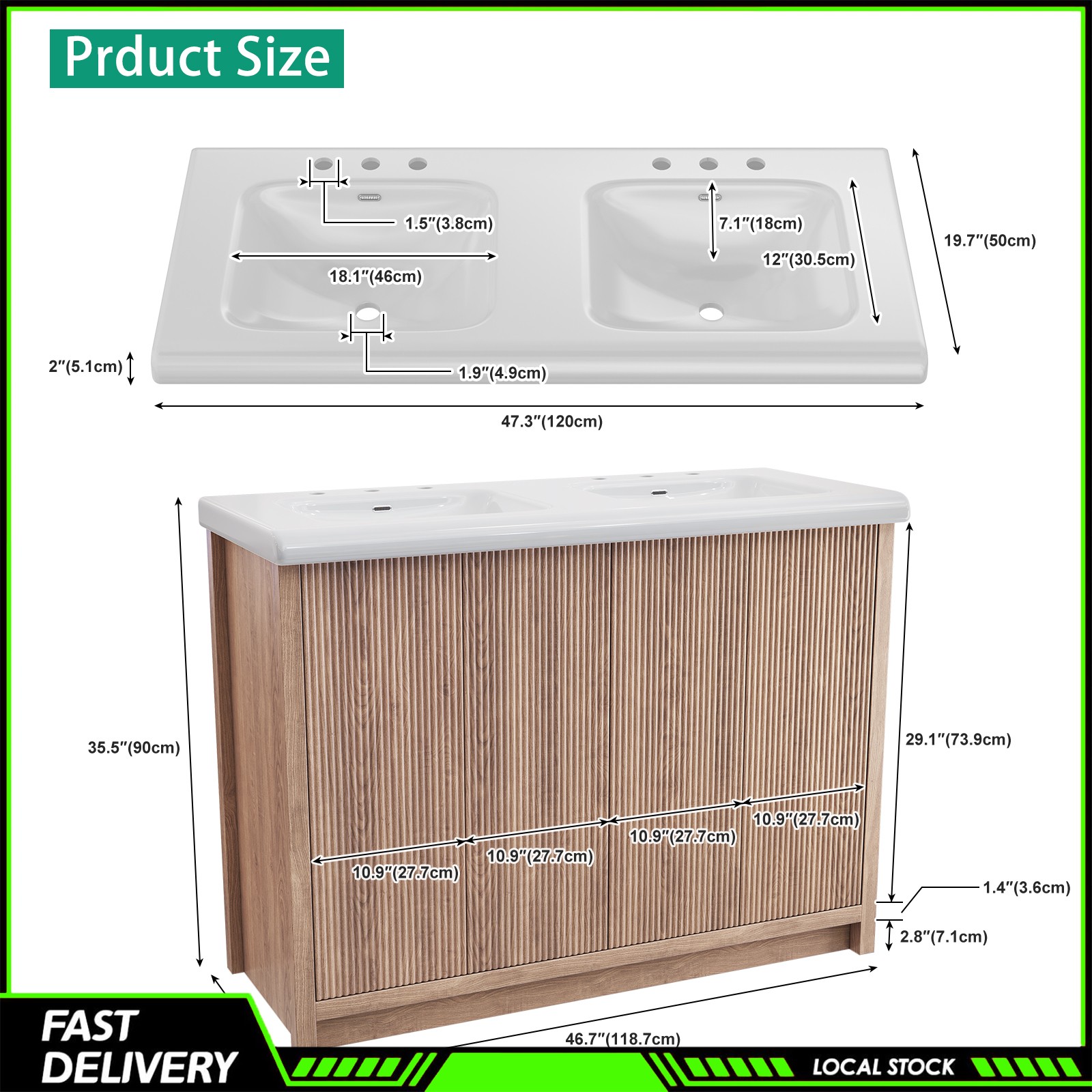 47″ Bathroom Vanity Double Ceramic Sink Freestanding Cabinet Storage With Door