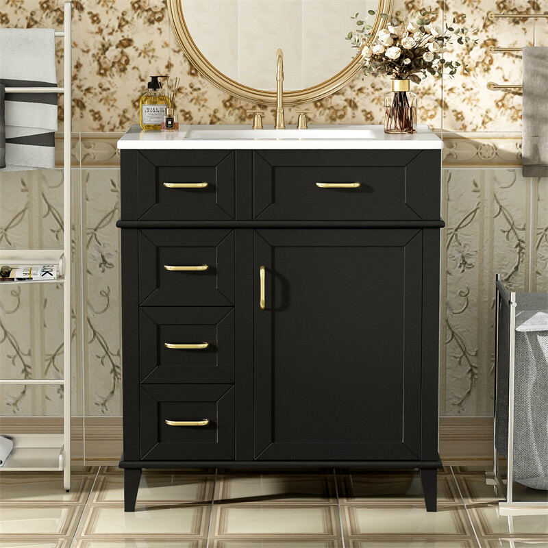 30″ Black Bathroom Vanity with Ceramic Sink,Adjustable Shelf & 3 Storage Drawer