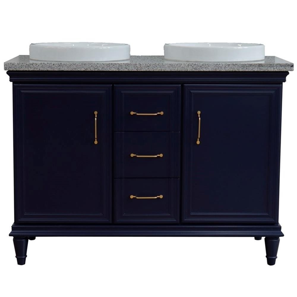 49 in. Double Wooden Vanity Blue with Gray Granite Round Sink