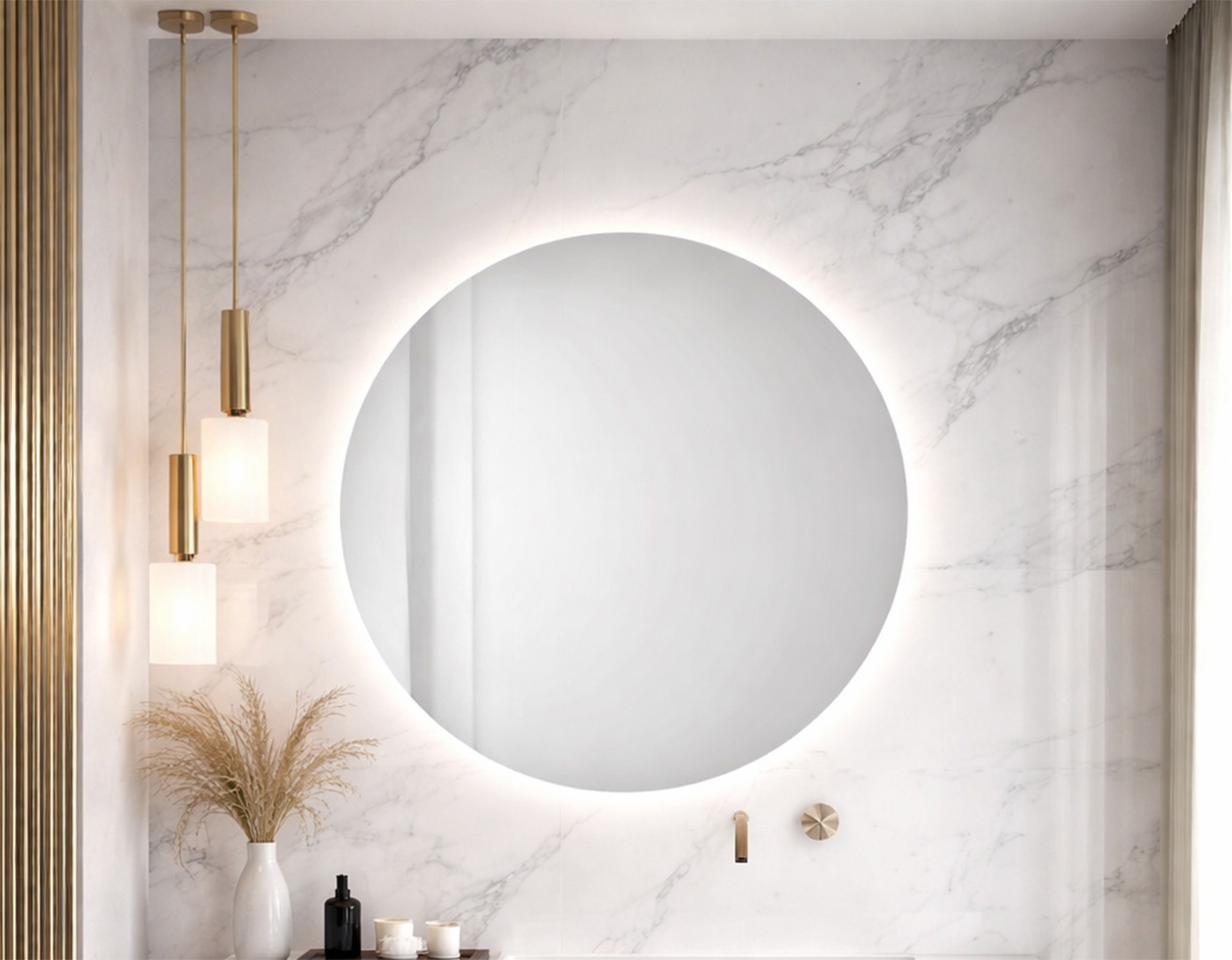 Luxury Floating Bathroom Vanity & LED Round Mirror Set — Sculpted Wood Front