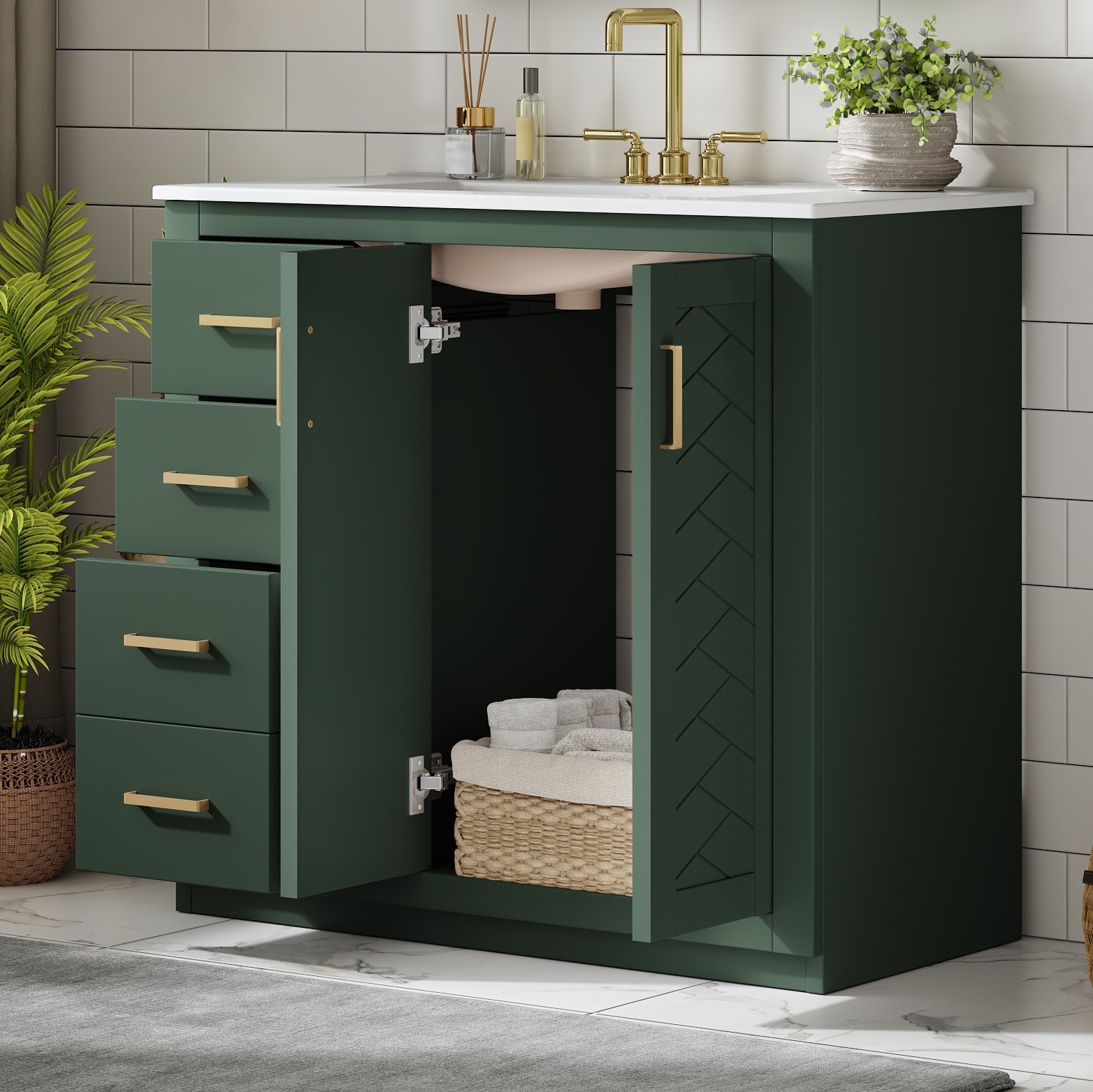 36″ Bathroom Vanity with Ceramic Sink, Solid Wood Frame, 3 Drawers