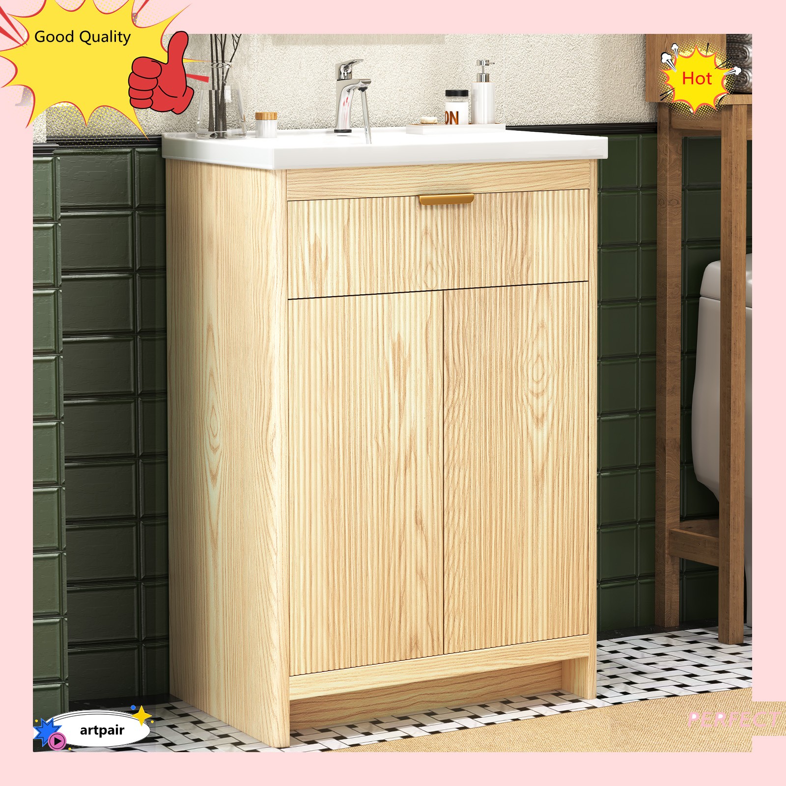 23.6″ Bathroom Wood Vanity &Ceramic Sink,Freestanding Storage Cabinet Vanity NEW