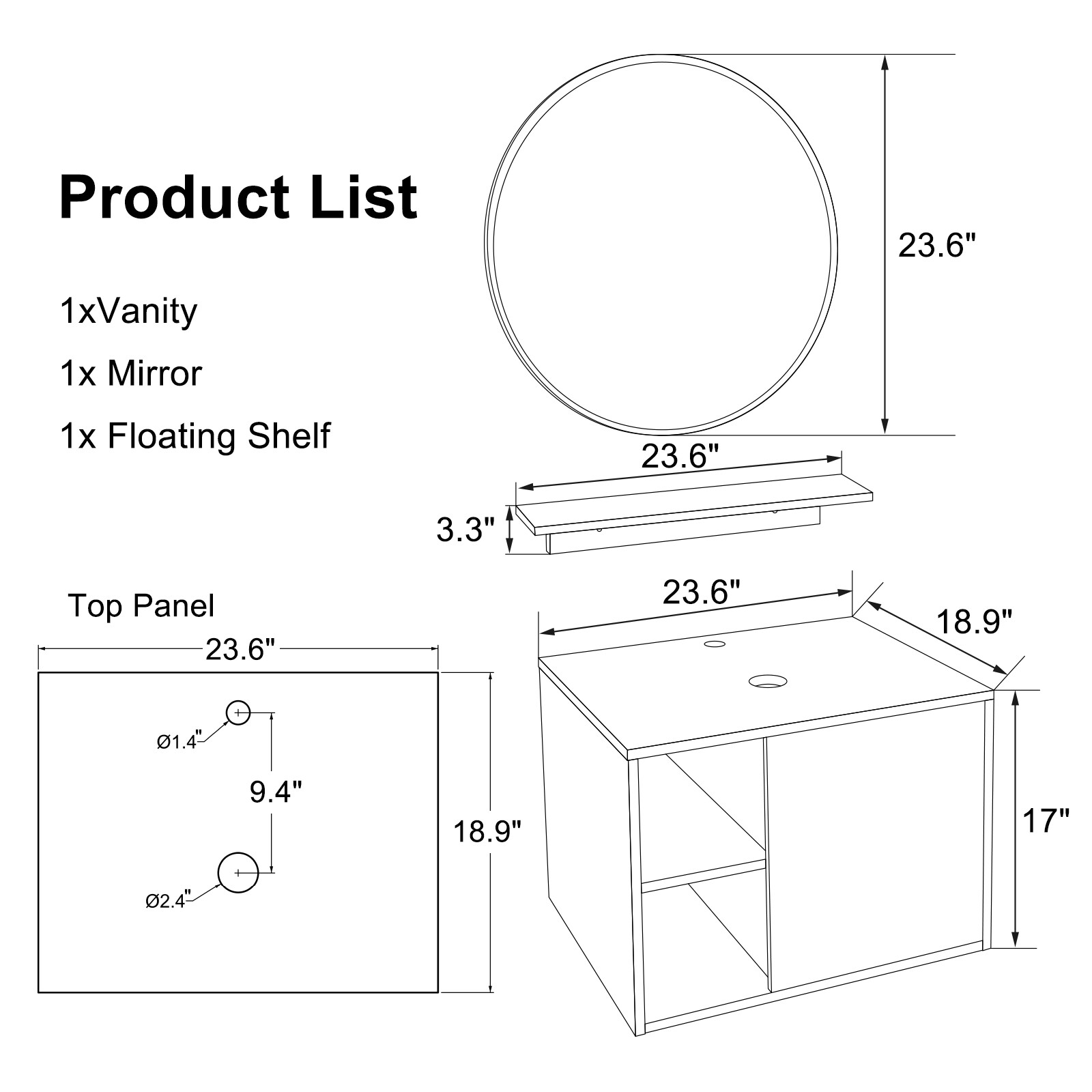 24″ Wall-Mount Bathroom Vanity with Vessel Sink and Storage Shelf