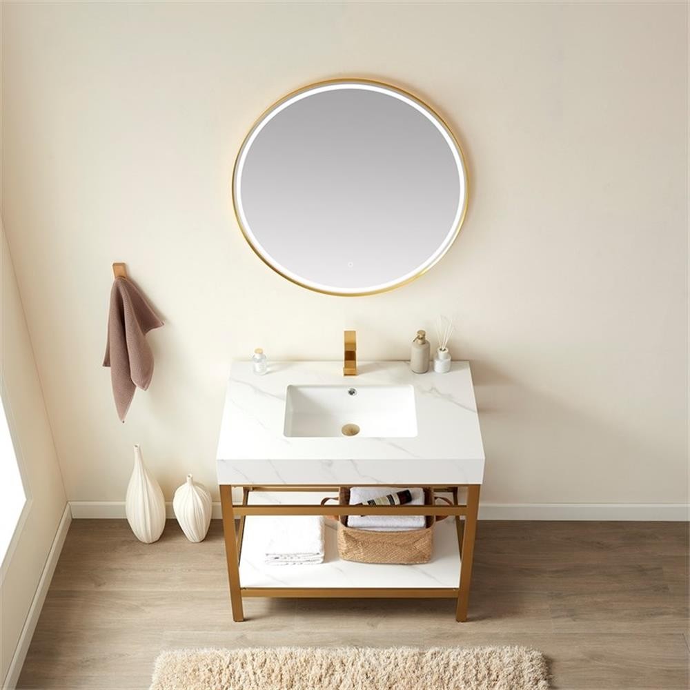 Funes 36″ Single Sink Bathroom Vanity in Brushed Gold Frame White Top w/ Mirror
