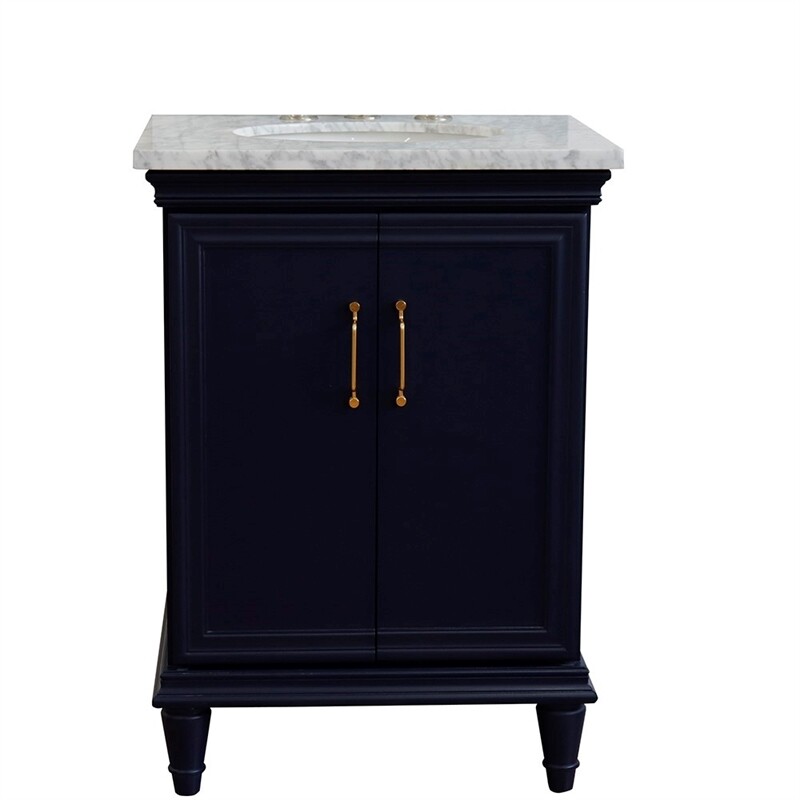 25 in. Single Wooden Vanity Blue with White Carrara Oval Sink